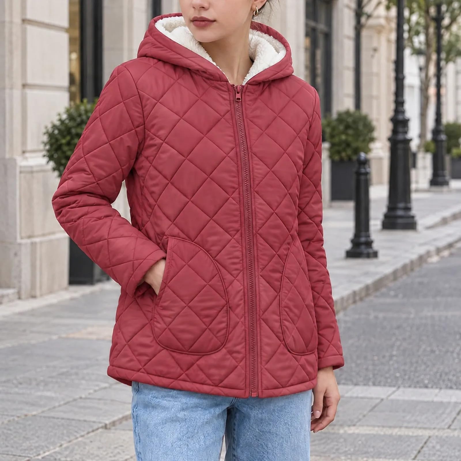 Steppjacke Damen Gepolsterte Übergangsjacke mit Kapuze Taschen Freizeit Winterjacke Reißverschluss Warm Gefüttert Fleecejacke Herbst Winter Outdoor Jacken Steppmantel