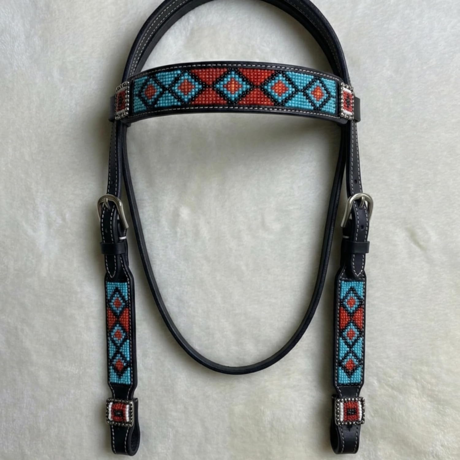 Western Premium Leather Equestrian Headstall, Breast Collar, Reins & Wither Straps - H Beaded Design,COB Size IN39
