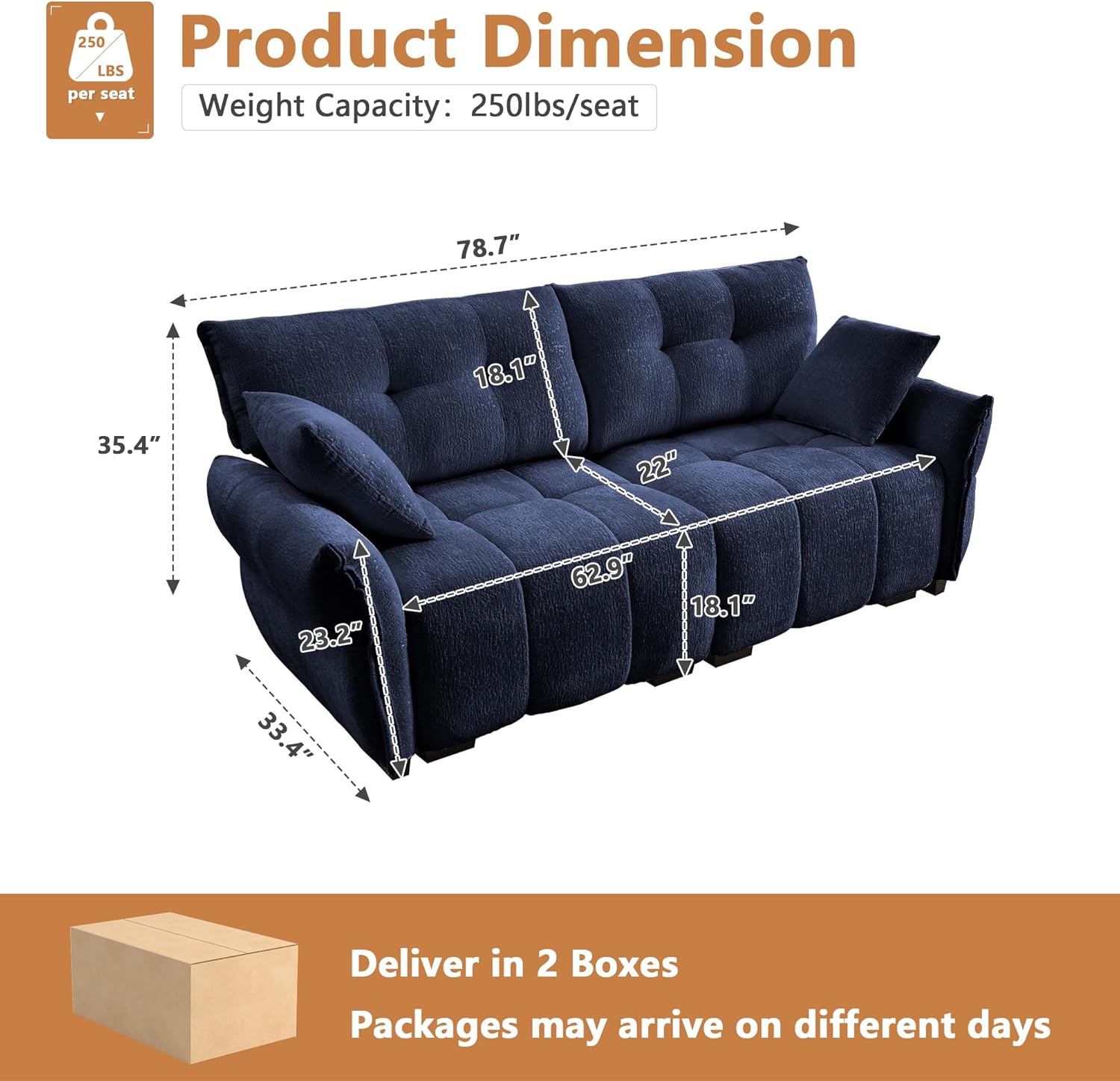 Modern Modular Sectional Sofa, 78.7" Comfy Deep Seat 2-Seater Sofa Oversized Loveseat Sofa, Upholstered Tufted Chenille Sofa with 2 Throw Pillows for Living Room Bedroom Apartment, Blue