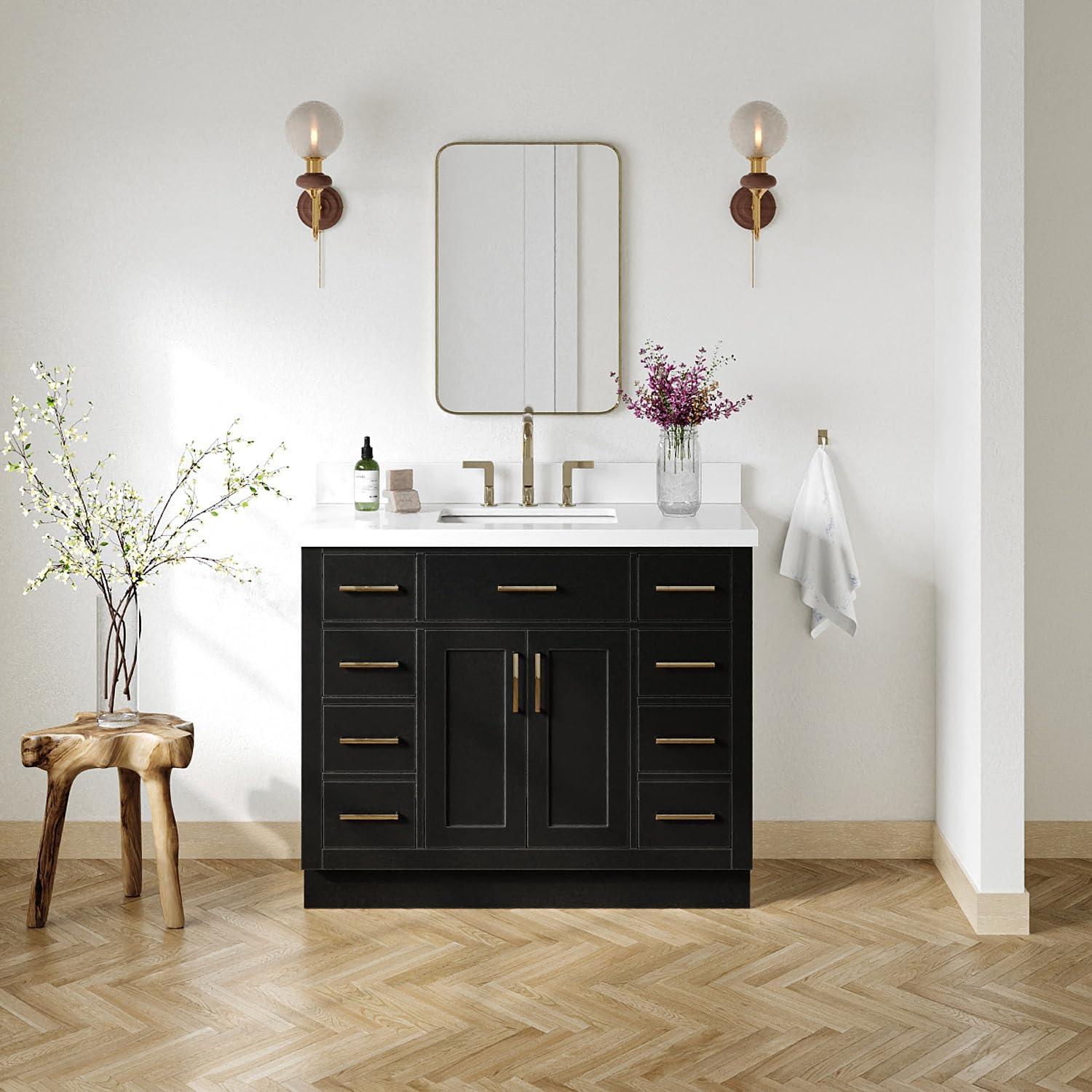 ARIEL Hepburn 42 Inch Single Rectangle Sink Bathroom Vanity with Nero Marquina Black Quartz Countertop 1.5 Inch in Grey