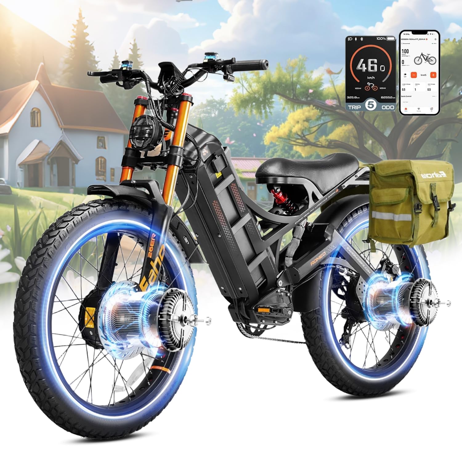 Eahora Romeo Pro Ⅲ/Ⅱ Ebike - Dual Motor 46-50MPH 5600W/4000W 60V 80Ah 200Miles Electric Bike for Adults, Long Range Electric Mountain Bike 26" Fat Tire Air Full Suspension E-Bike with UL2849