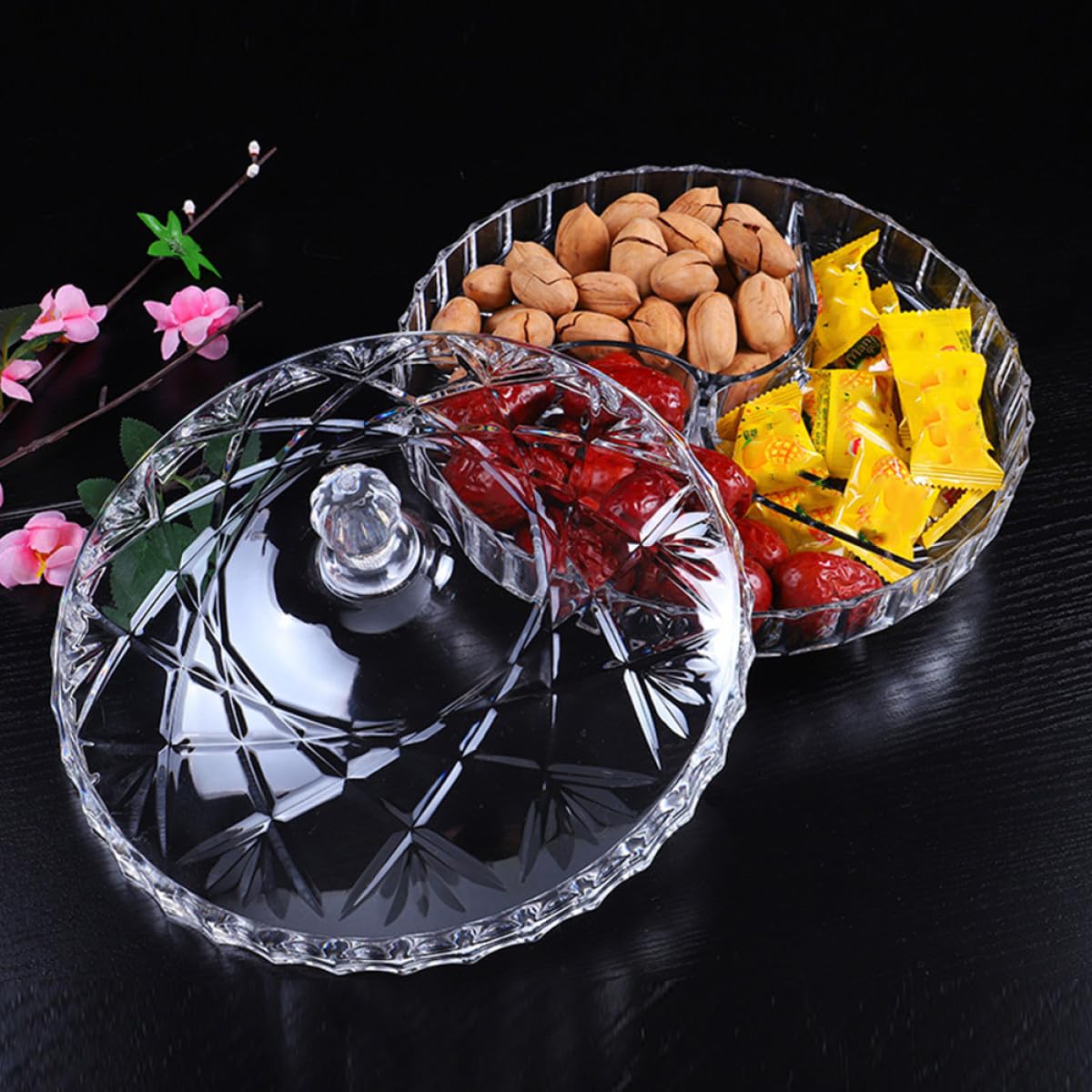 Caja de Aperitivos Pequeña Transparente de Acrílico con 3 Compartimentos y Tapa para Frutas Secas y Snacks en Hogar, Bandeja Organizadora Práctica y Ligera para Reutilizable