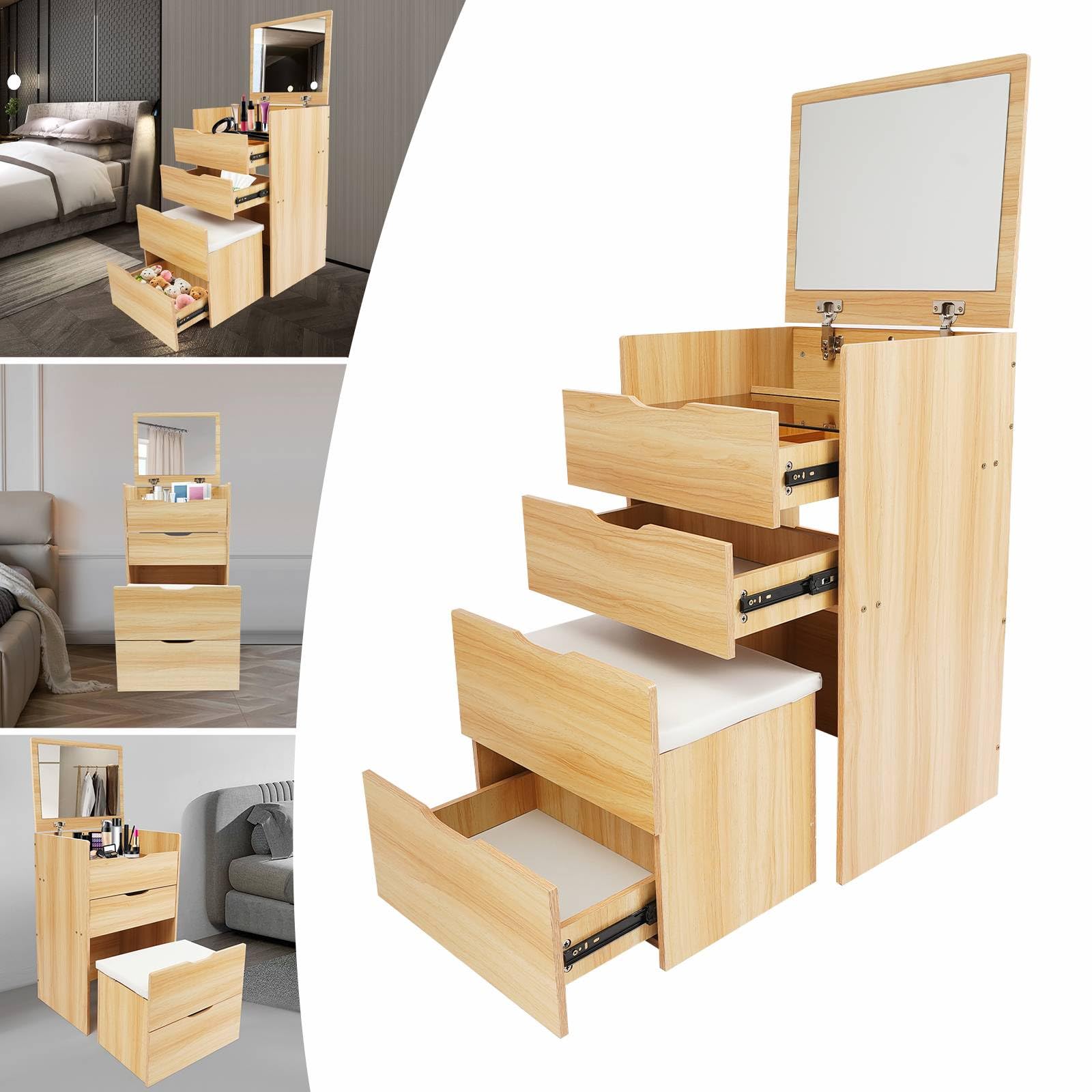 Mkyiongou Vanity Desk with Plip Top Mirror,Small Make Up Vanity Set with Nightstand and Storage,Compact Makeup Vanity with 3 Drawers,Cushioned Vanity