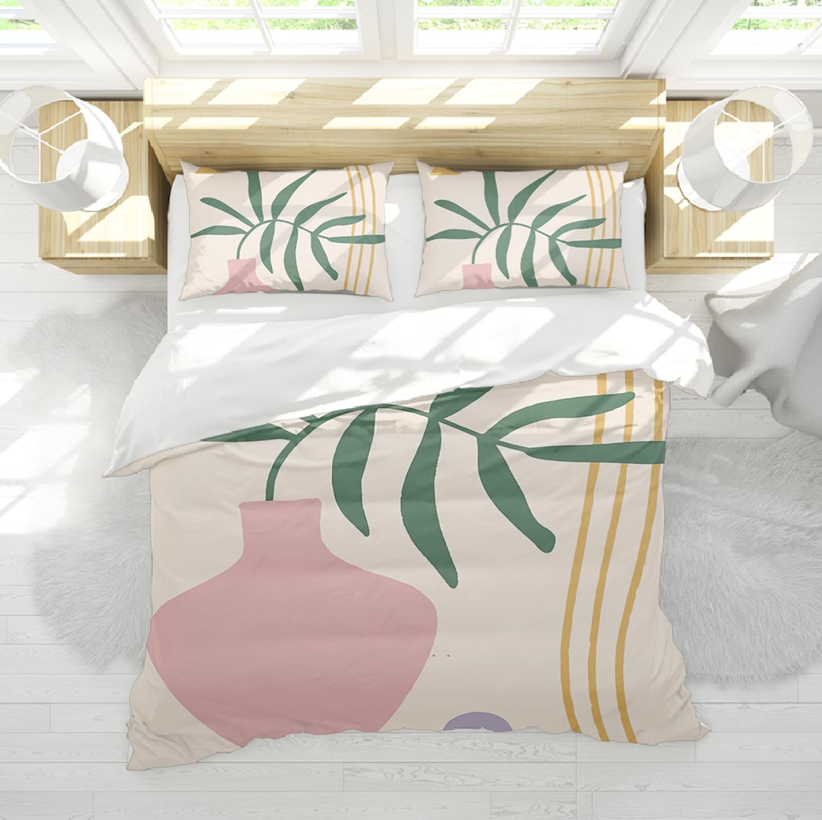 Parure de lit style nordique 260x240 avec housse de couette vase rose et feuilles confort