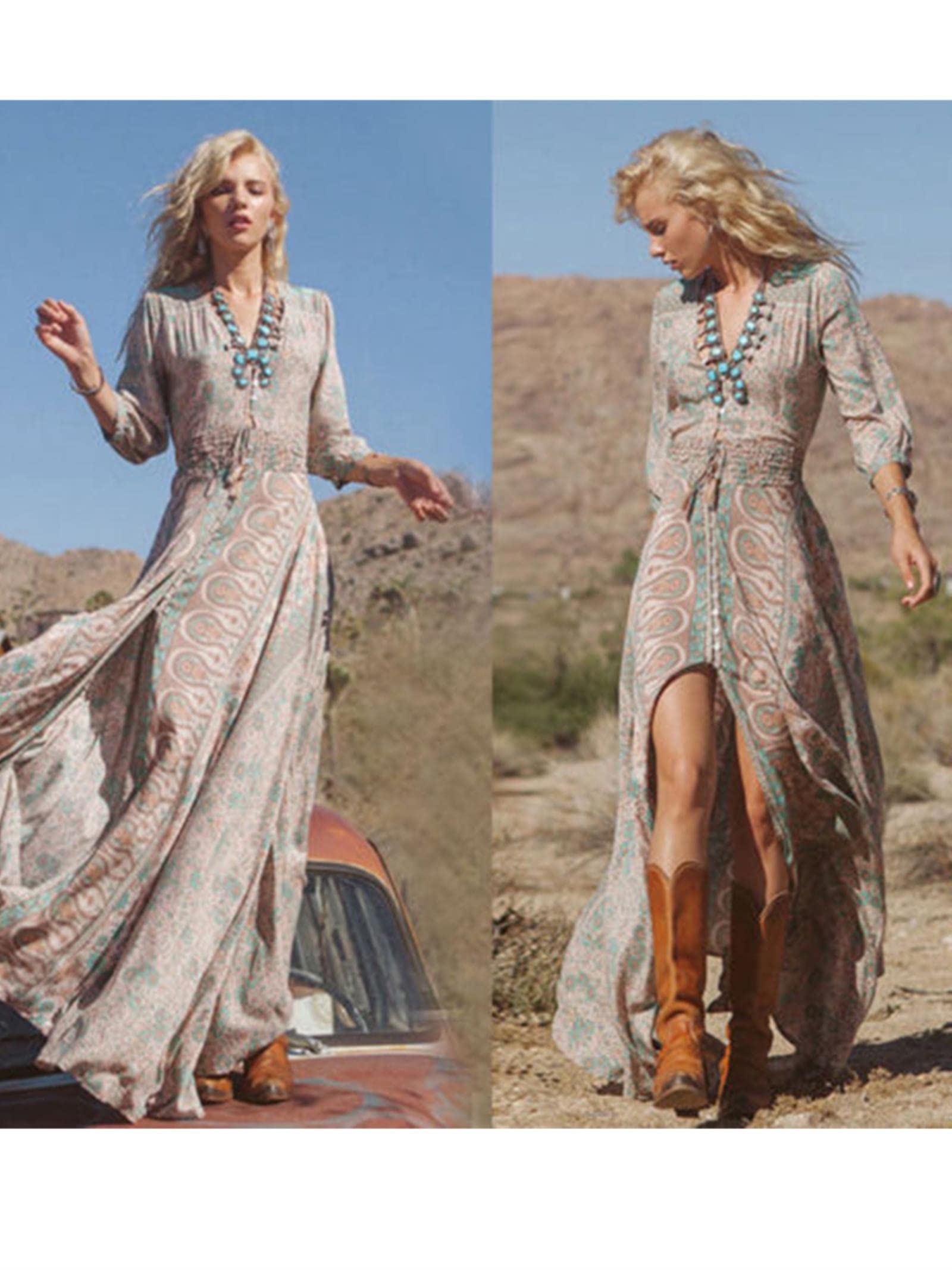 Vrouwen Zomer Boho Jurk Partij Avond Strandjurken Lange Maxi Jurk Sundress Vrouwen V-hals Sexy Jurk-bruin, XXL