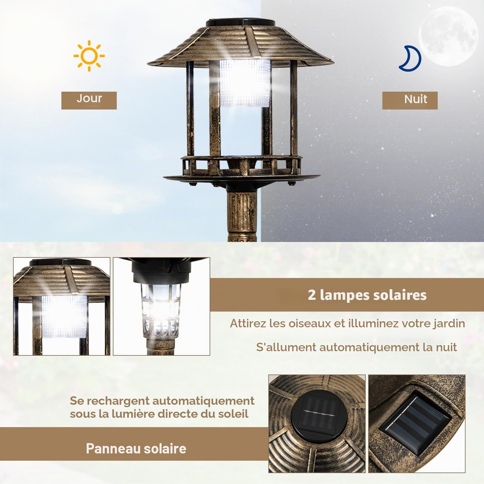 SOARS Mangeoire Oiseaux 2 Lampes à Energie Solaire Ø43 x 110H cm, Abreuvoir pour Oiseaux Sauvages Décoration pour Extérieur Style Antique Effet Bronze, Bain Oiseau pour Jardin, Balcon (Bronze Jaune) | Bain d'oiseaux antirouille avec pot de fleurs et mange