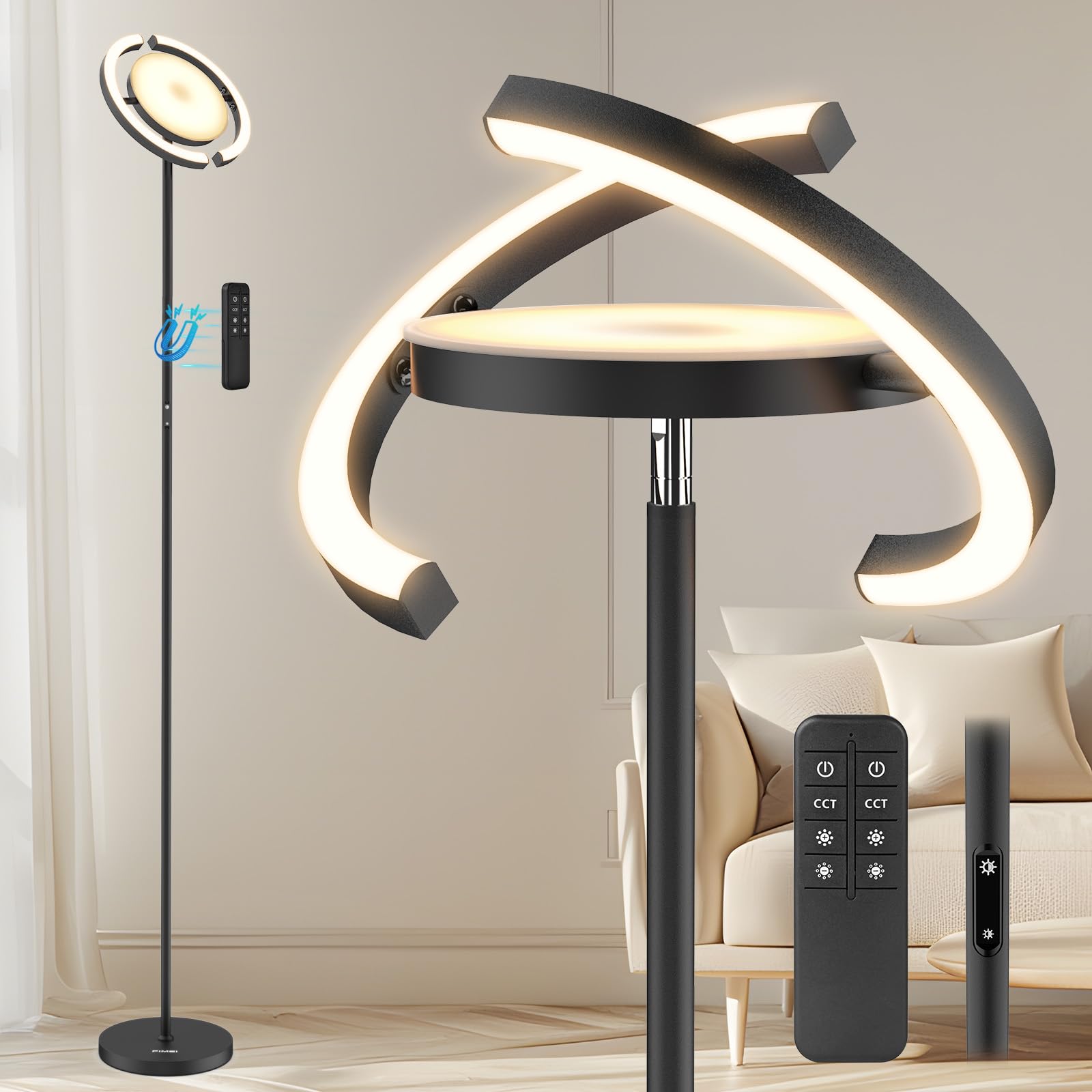 FIMEI Floor Lamp, Stepless Dimming & 3000K - 6000K Color Temperatures, Remote/Touch Independent Control, Eye-Protecting, Uplighter Floor Lamp for Living Room, Central Lamp Upward, Black
