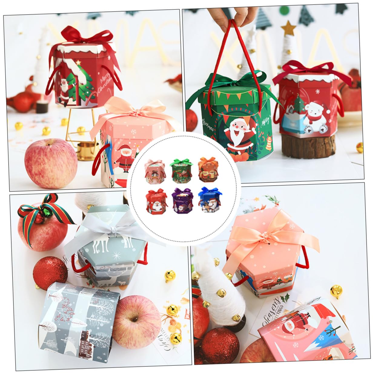 Scatole di Natale Esagonali in Carta 18 Pezzi per Confezionare Dolci e Muffin, Design Classico Natalizio, per Decorazioni Tavolo Matrimonio Stili multipli