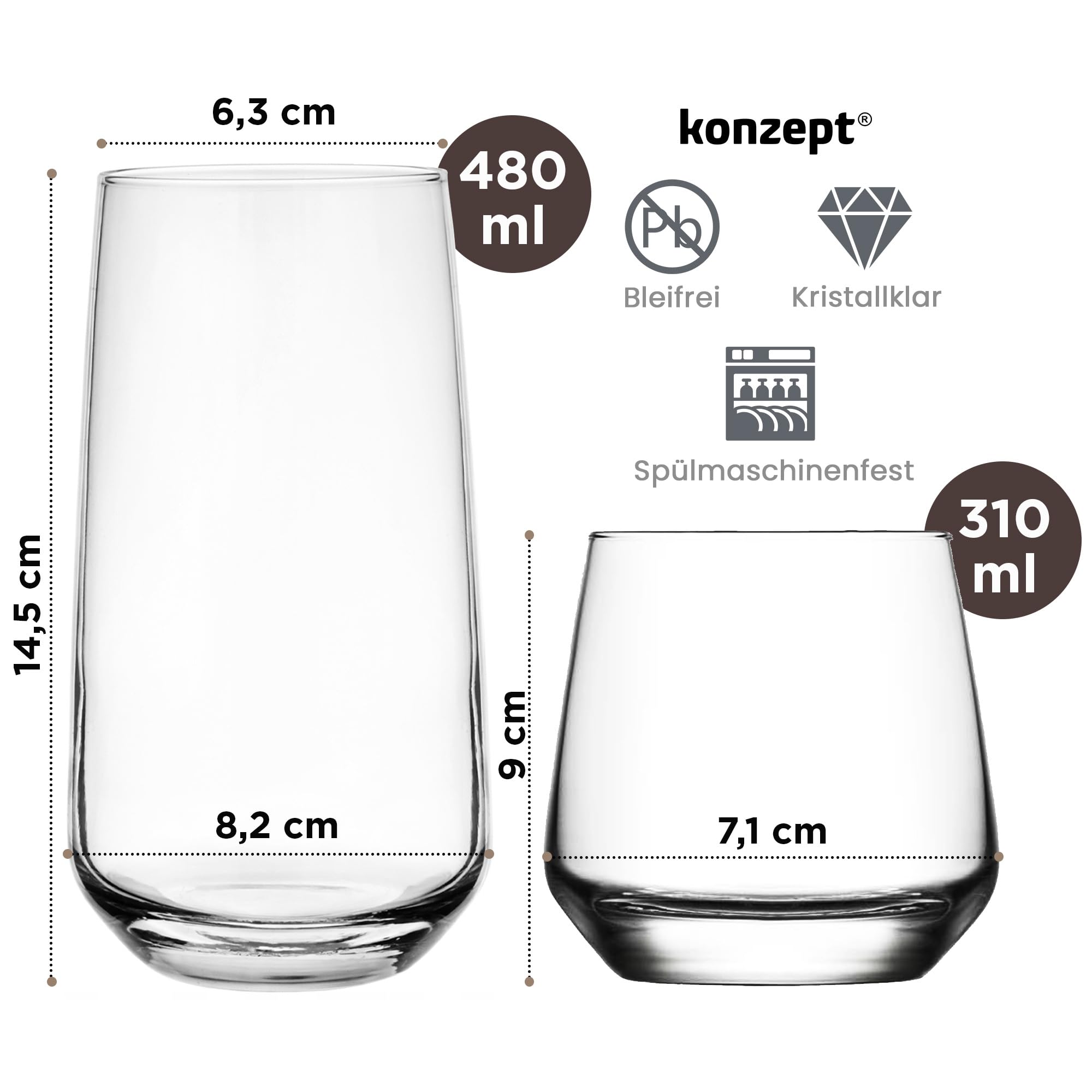 Konzept 11 - Set di bicchieri per acqua, 6 pezzi, bicchieri impilabili da 270 ml, perfetti per succo, acqua, latte macchiato