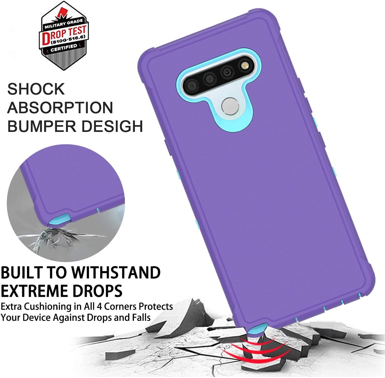 PhuLok Compatible with LG Stylo 6 Case with HD Screen Protector, Heavy Duty Armor Dual Layer Full Body Protective Shockproof Sports Anti-Scratches Non-Slip Bumper Rugged Case(Purple/Sky Blue)