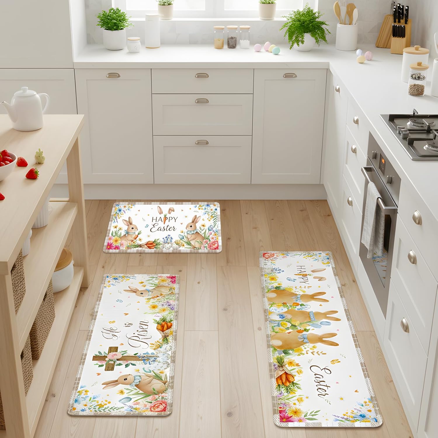 Happy Easter Kitchen Rugs Set of 3, Cute Bunny Egg Non Slip Kitchen Mats, Washable Rabbit Christian Floor Decor for Indoor Outdoor Spring Seasonal Holiday Farmhouse Home Decorations