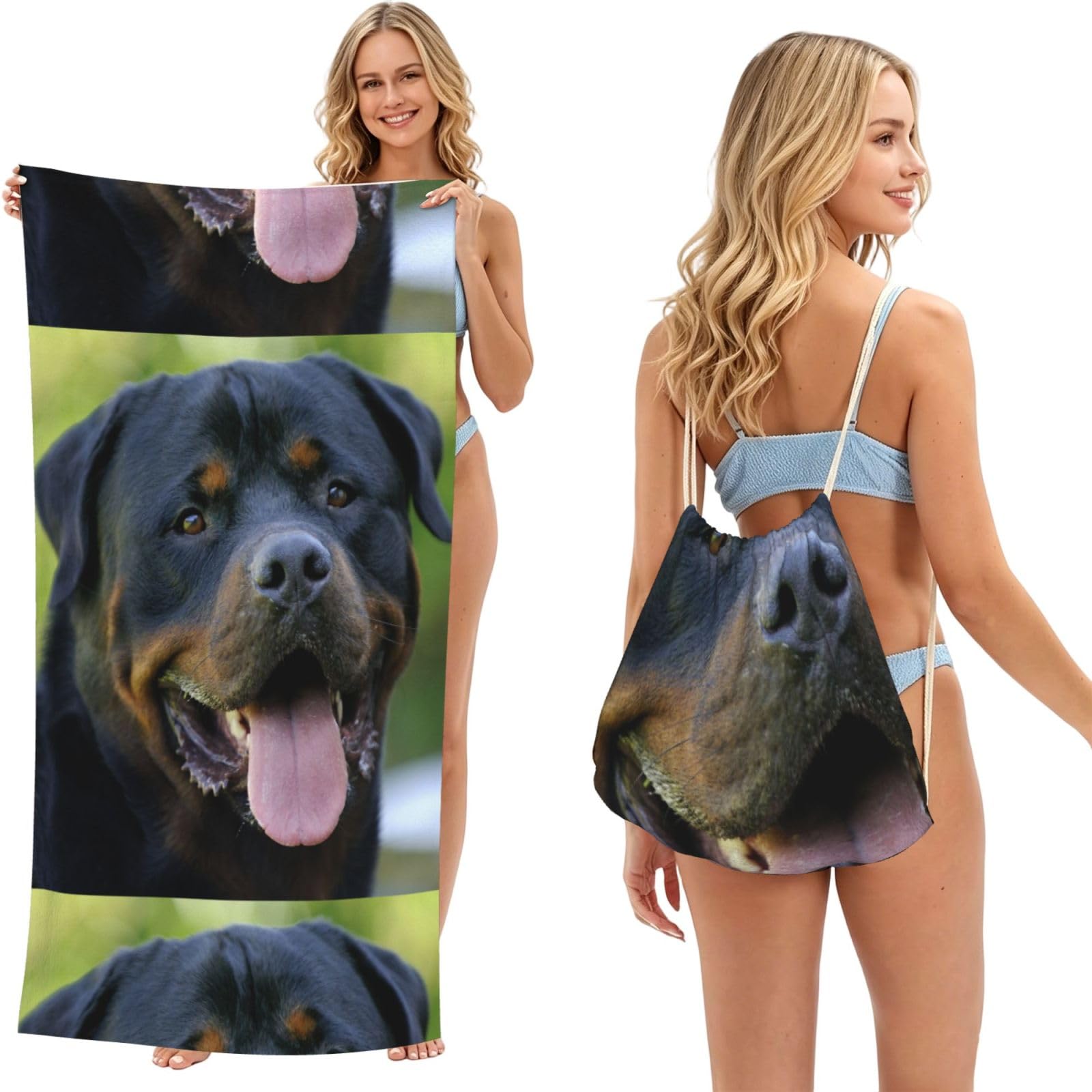 Poadnly As Picture Rottweiler Dog, 2 In 1 Packable Towel Bag, Beach Towels With Drawstring Backpack For Travel Holiday Camping