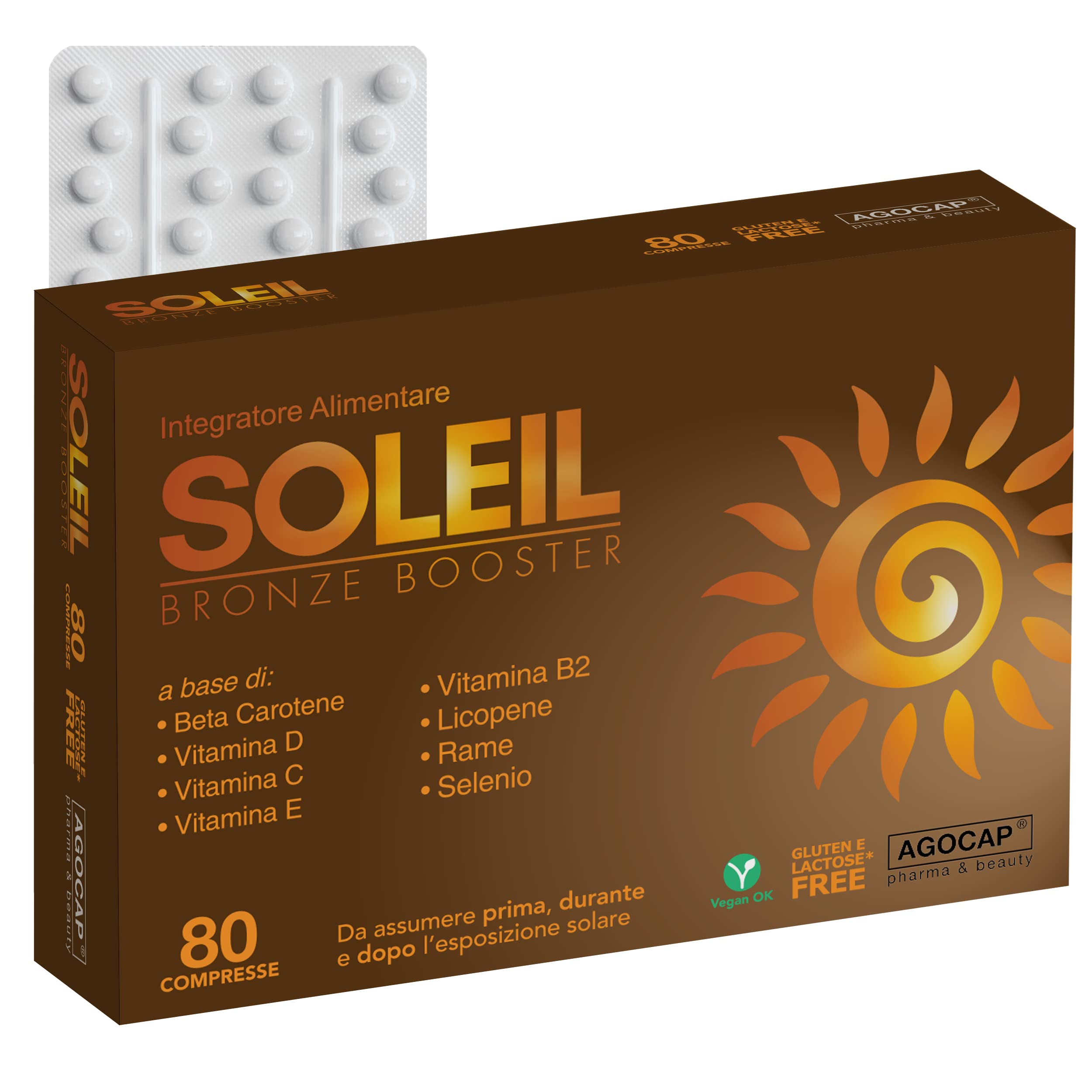 Acelerador Bronceado, SOLEIL - 80 tabletas con betacaroteno, Cobre, Selenio, Licopeno, Vitamina C,D,E,B. Suplemento acelerador de bronceado, Betacaroteno capsulas, acelera y mantiene la piel dorada.