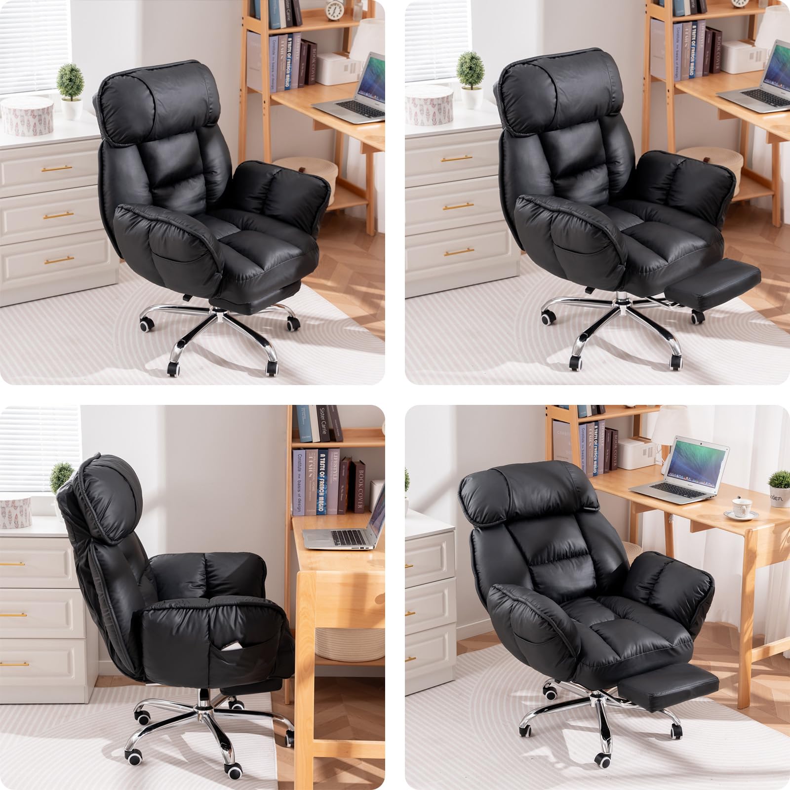 Bürostuhl Ergonomisch mit Fußstütze, Komfort im Sofa-Stil, Weiche Armlehnen | Strapazierfähiges Kunstleder, Rückenlehne mit 5 Positionen, Höhenverstellbar，Gaming Stuhl mit Rollen, Chefsessel Schwarz