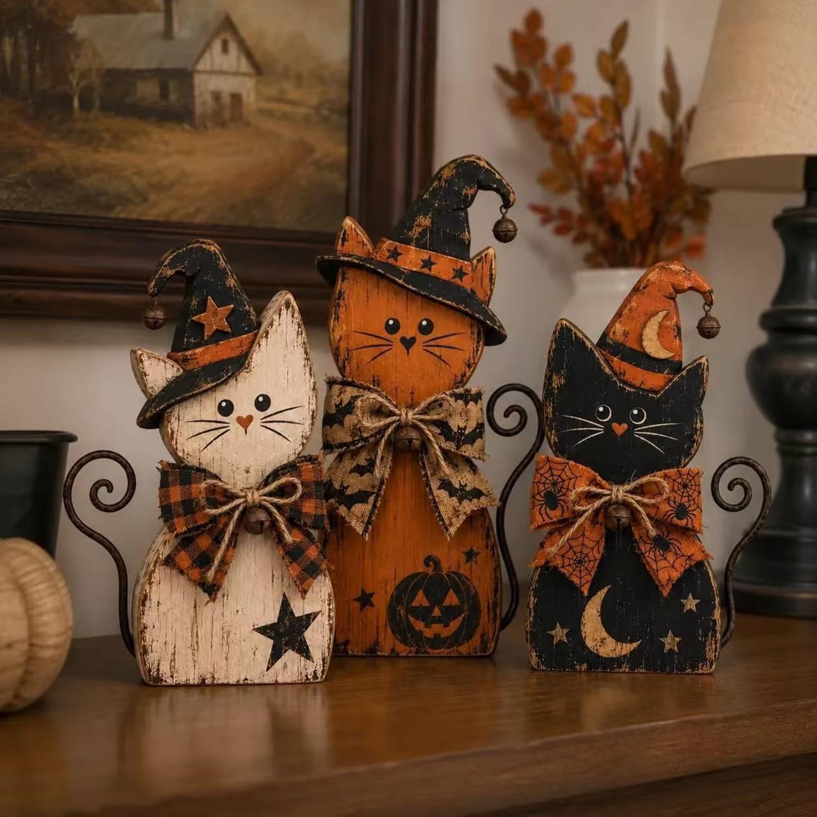3PCS Vintage Halloween Witch Cat Decor Set, Spooky Tabletop Centerpiece