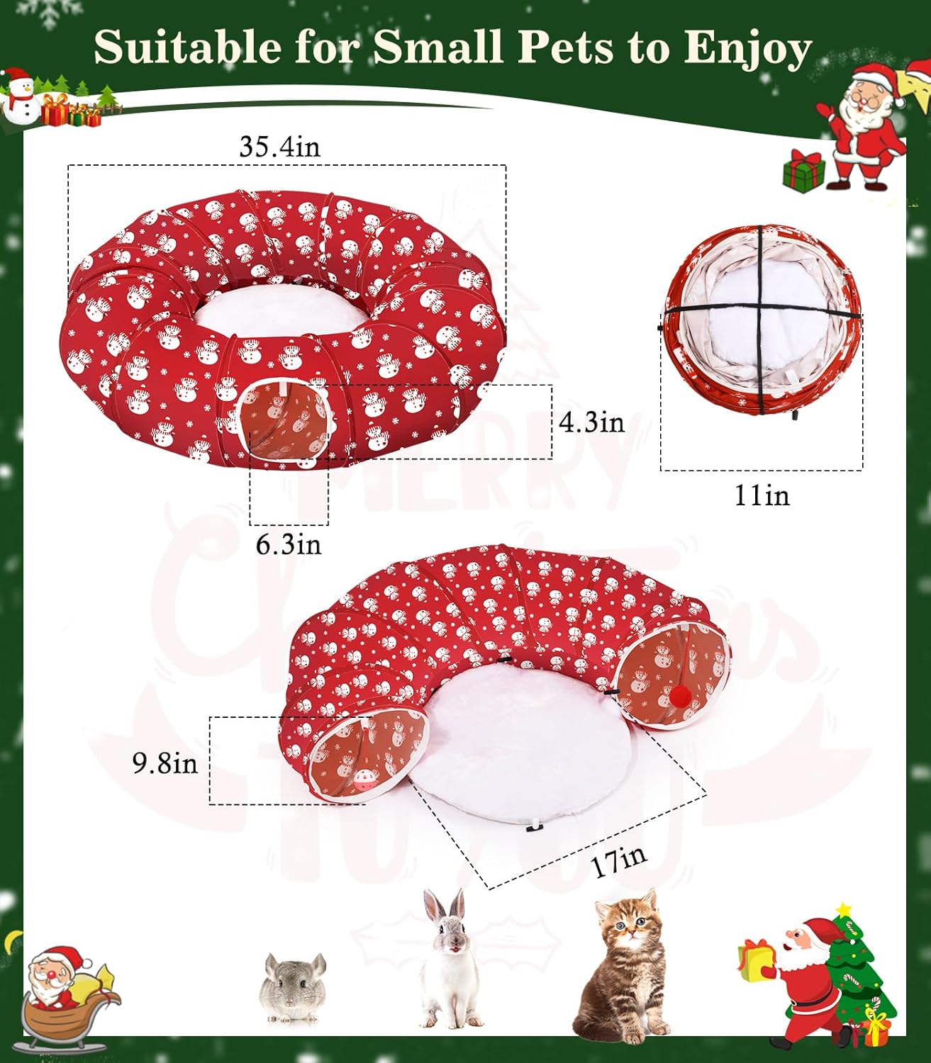Pawaboo Cat Tunnel Bed Under Christmas Tree, 35.4'' Christmas Cat Toy Circle Tunnel with Ball, Cats Tunnels Christmass Tree Skirt Decorative Festive Foldable Kitty Tube Tunnels for Cats(Red Snowman)
