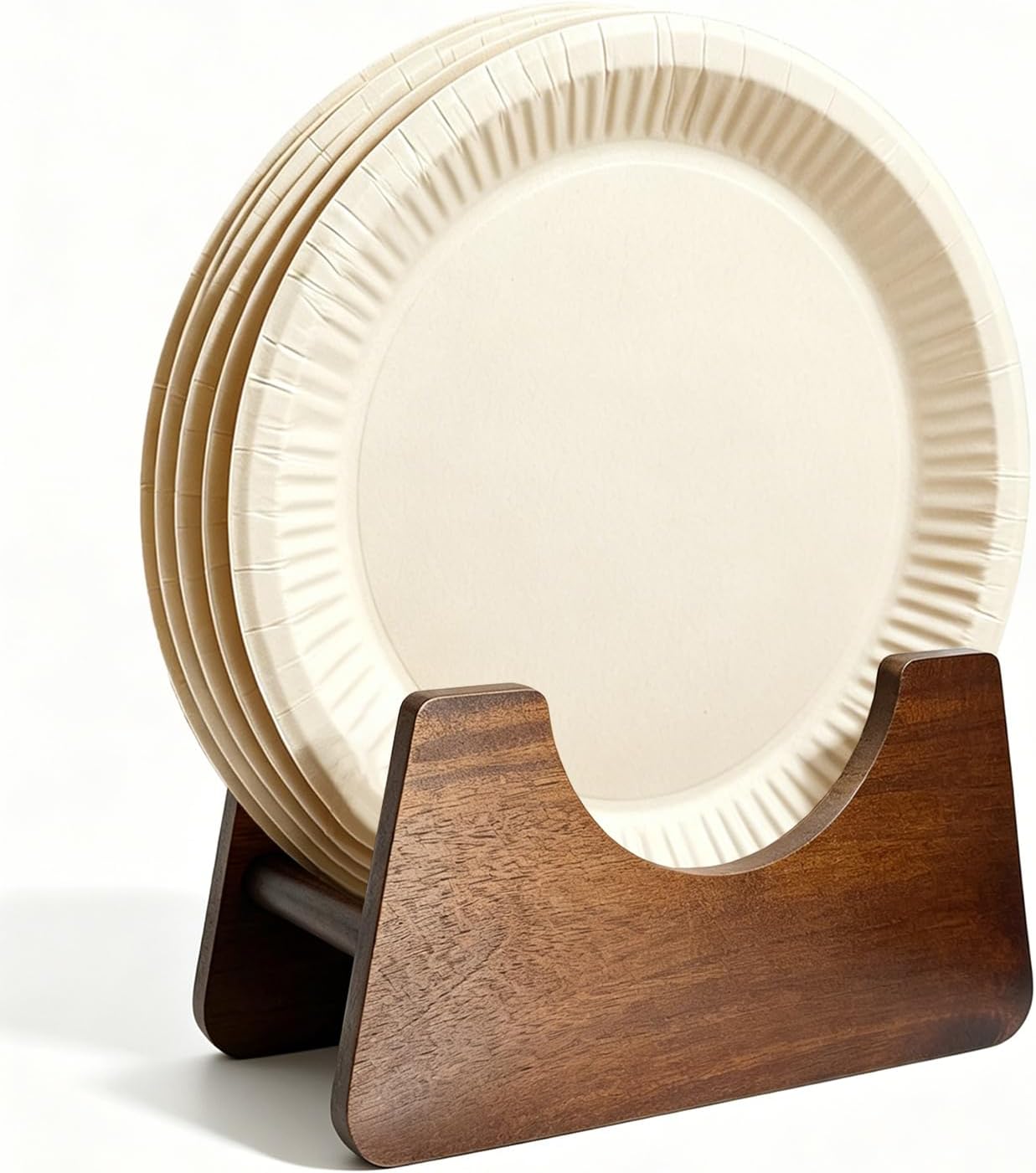 Paper Plate Holder 2 PCS Acacia Wood Foam Plate Storage Organizer, Paper Plate Dispenser for 7-10 inch Disposable Plates – Removable Design for Cabinet, Countertop, RV, or Outdoor