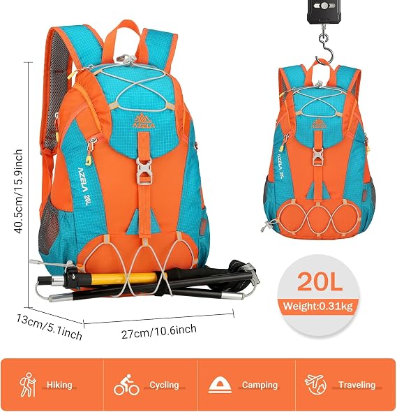 GES 20L Hiking Backpack for Men & Women - Lightweight, Waterproof Daypack with Rain Cover - Durable Rucksack for Travel, Camping, Trekking, Cycling, Hiking, School & Work (Orange)