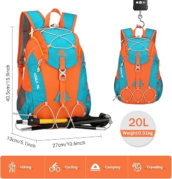 GES 20L Hiking Backpack for Men & Women - Lightweight, Waterproof Daypack with Rain Cover - Durable Rucksack for Travel, Camping, Trekking, Cycling, Hiking, School & Work (Orange)