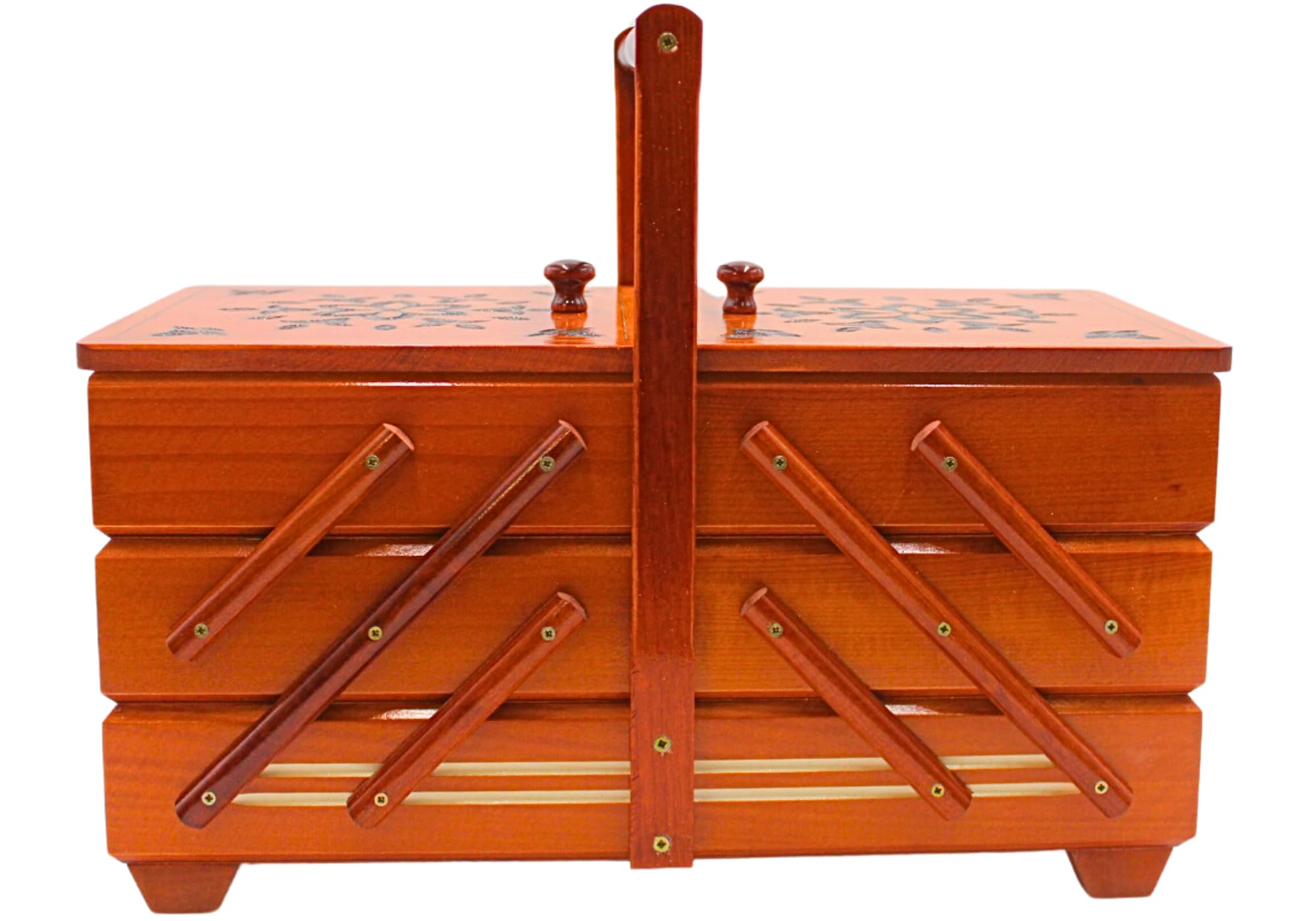 Wysokiej jakości skrzynka na szycie, skrzynka na przybory do szycia z drewna fornirowanego z 7 przegródkami w kolorze mahoniowym, dł./szer./wys. 42 x 20 x 21 cm
