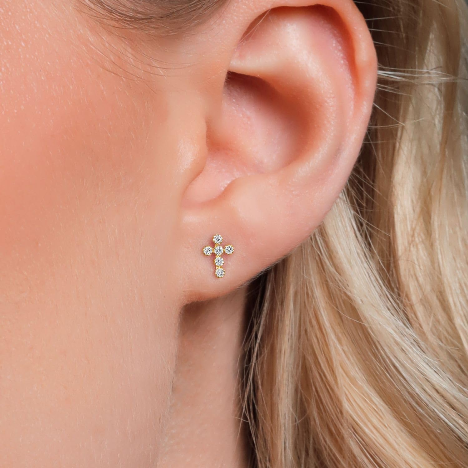 Gem Stone King 14K Gold Cross Stud Earrings | Jesus Christian Religious Crucifix Jewelry Earrings | Lab Grown Diamond Created Ruby or Created Sapphire Gold Earrings For Women Men