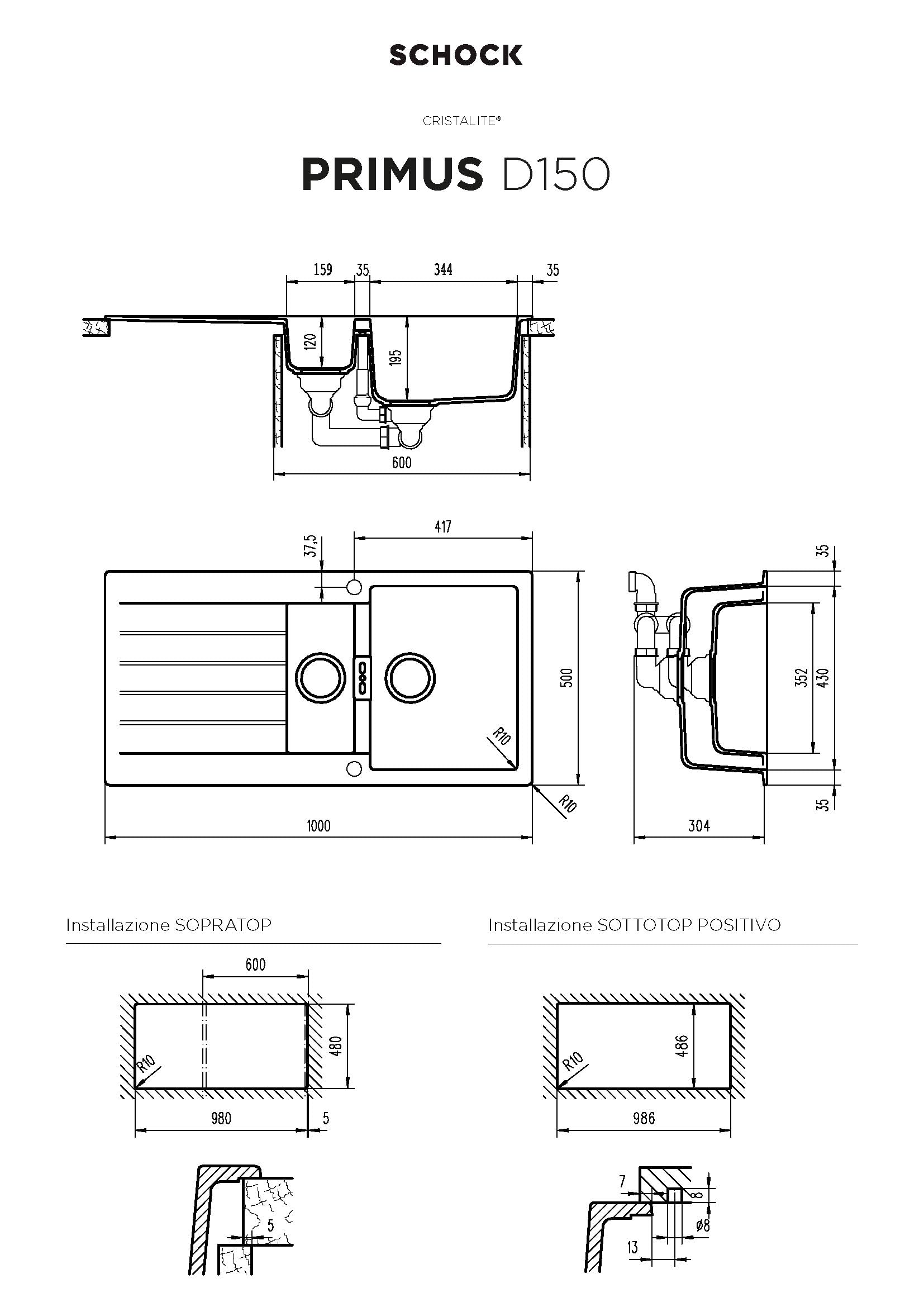 SCHOCK | Fregadero de cocina Primus D150 1 + ½ bañera con escurridor, bañera reversible, material Cristalite®, gris pardo, 1000 x 500 cm