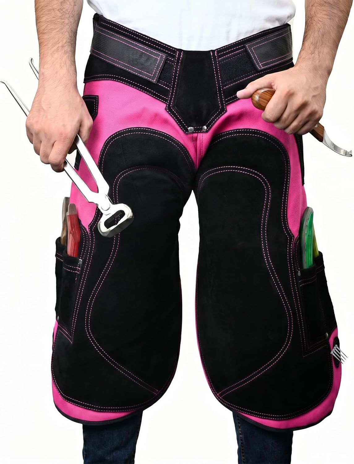 – Farrier Apron | Premium Cowhide Leather Hoof Trimming Chaps with Air Mesh Lining, Foam Knee Pads, 4 Knife Pockets & Nail Magnets | Adjustable Waist for Men & Women (Apron Only)