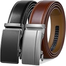 Mens Belt 2 Pack,Leather Ratchet Click Belt Dress with Slide Buckle 1 3/8" in Gift Set Box- Size Adjustable