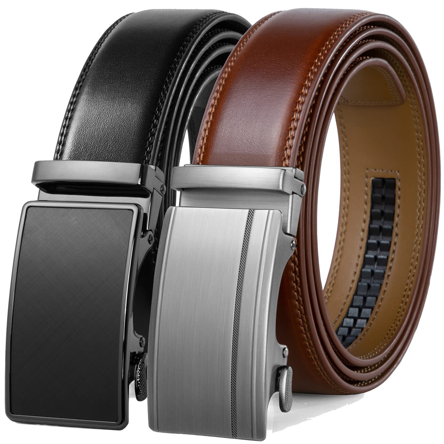 Mens Belt 2 Pack,Leather Ratchet Click Belt Dress with Slide Buckle 1 3/8" in Gift Set Box- Size Adjustable