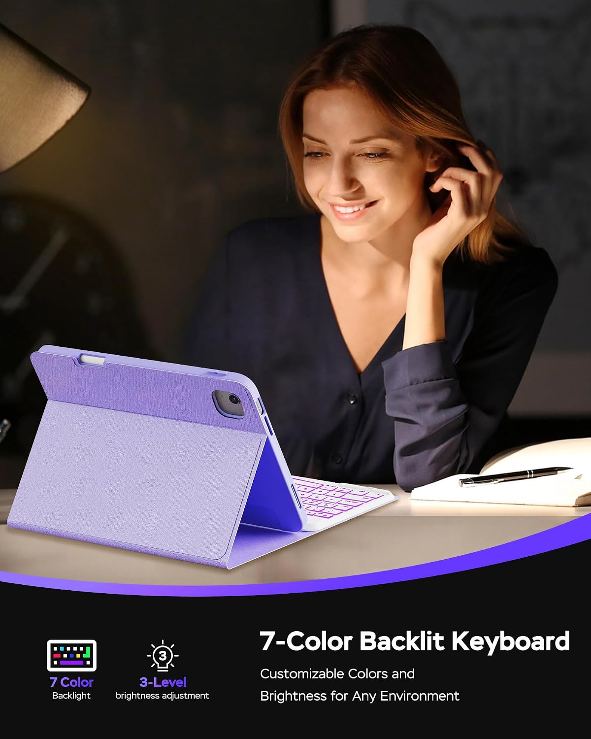 for iPad Air 11 Inch Case with Keyboard (M4/M3/M2) - 7 Color Backlit Wireless Detachable Keyboard with Pencil Holder for iPad Air 5/4th Gen& Pro 4/3/2nd 1st Gen, Purple
