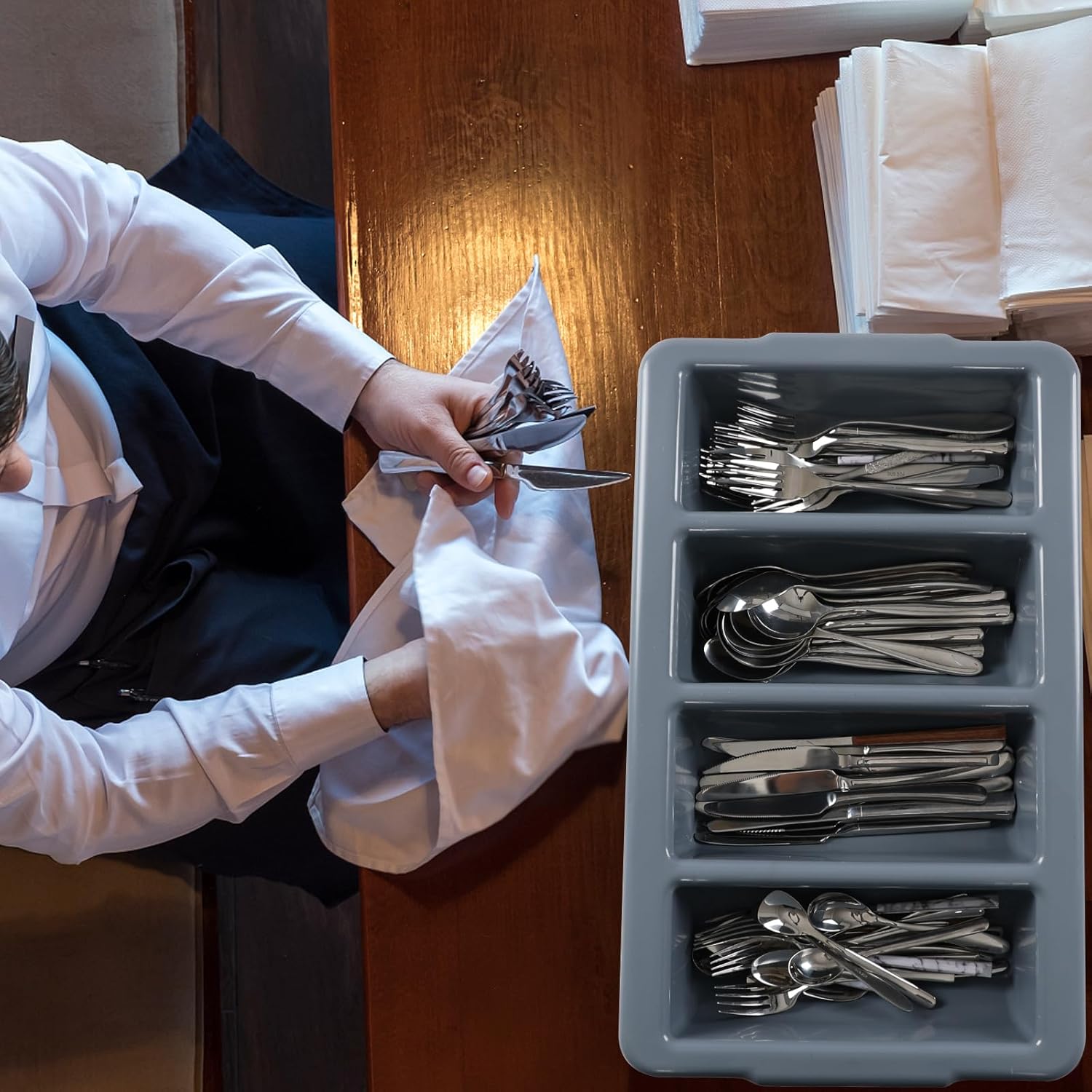 4 Pack Gray Plastic Commercial Silverware Bin with 4 Compartment, Commercial Cutlery Bin for Restaurant