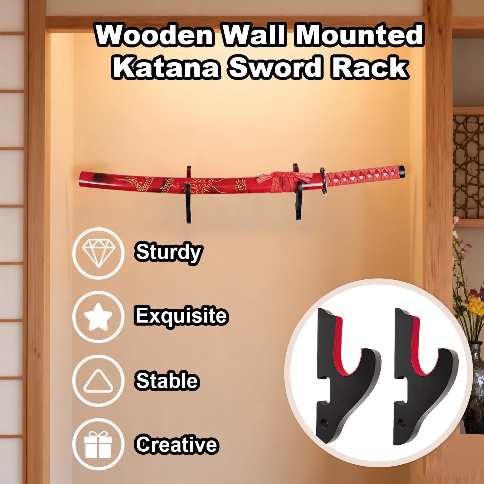 Weapon Rack Weapon Stand Sword Stand Velvet Padded Hollow Sword Holder Wall Mount Samurai Sword Katana Wakizashi Display Holder Stand Bracket Hanger 1-Tier Sword Stand