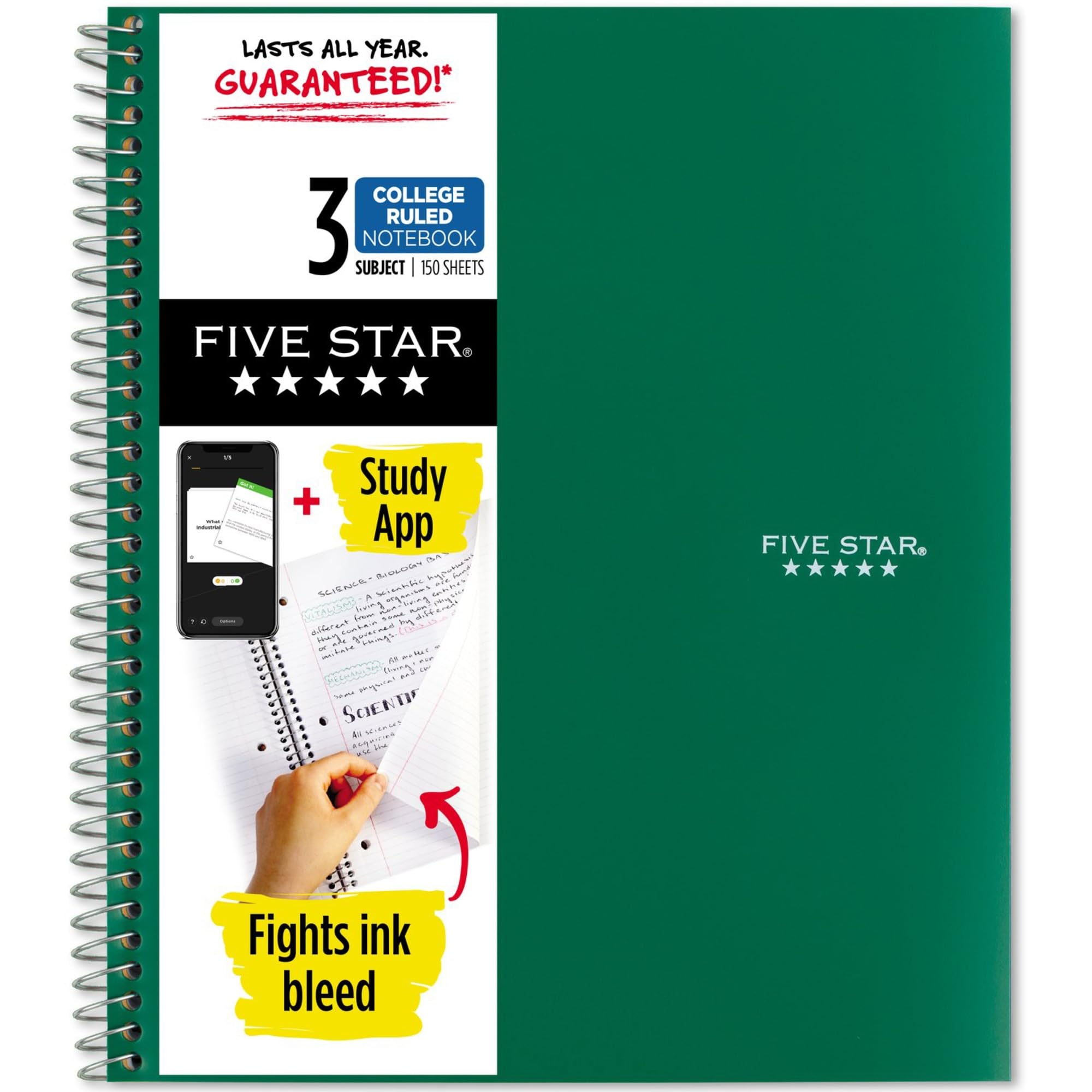 Five Star Spiral Notebook + Study App, 3 Subject, College Ruled Paper, Fights Ink Bleed, Water Resistant Cover, 8-1/2" x 11"