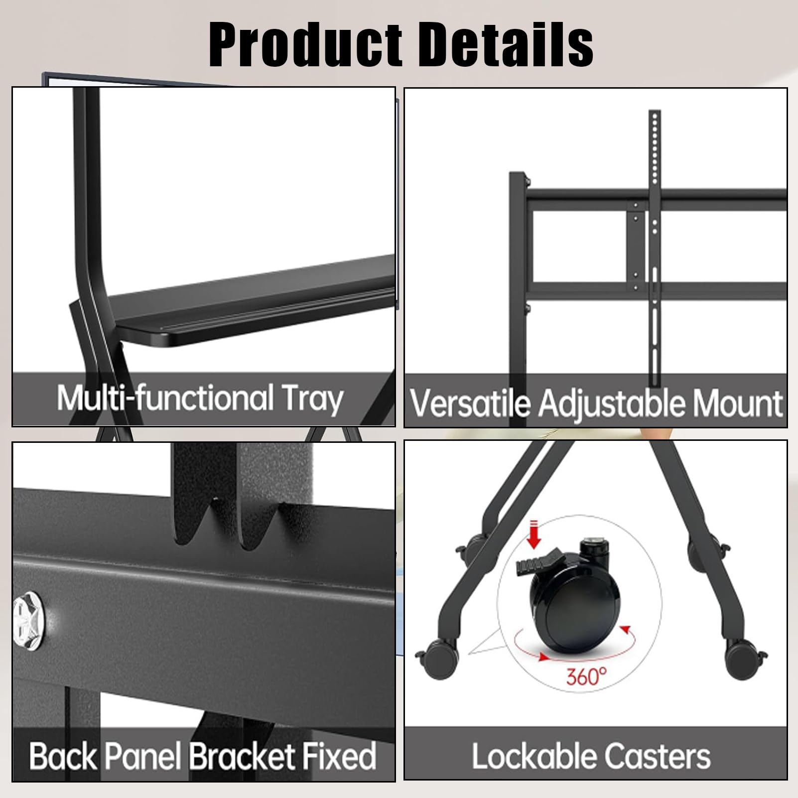Support TV pivotant universel avec roulettes verrouillables et gestion des câbles, pour loisirs à la maison et divertissement 139,7-254 cm, 254 cm-55 cm