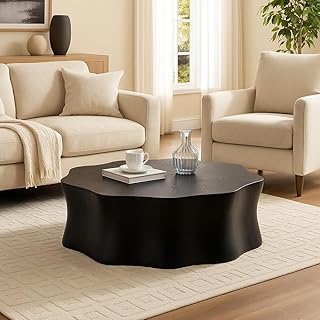 Round Black Marble Coffee Table, Modern Drum Design, Circle FiberglassCoffee Table, End Table for Living Room, Apartment, No Assembly Required (35''Black Flower)