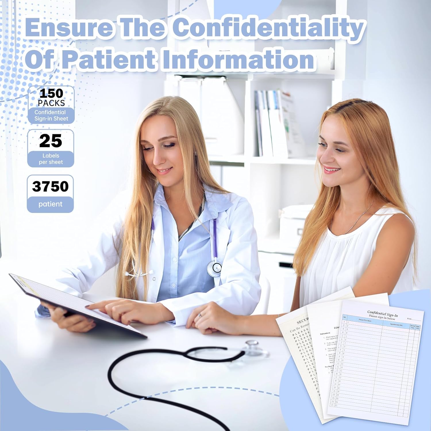 Motiskyy 150 Pack Confidential Sign in Sheet - Patient Sign in Sheet Peel Off, HIPAA Compliant Medical Adhesive Label Form, Carbonless 3 Part Forms for Doctor, Medical, Dental Office Use (Blue)