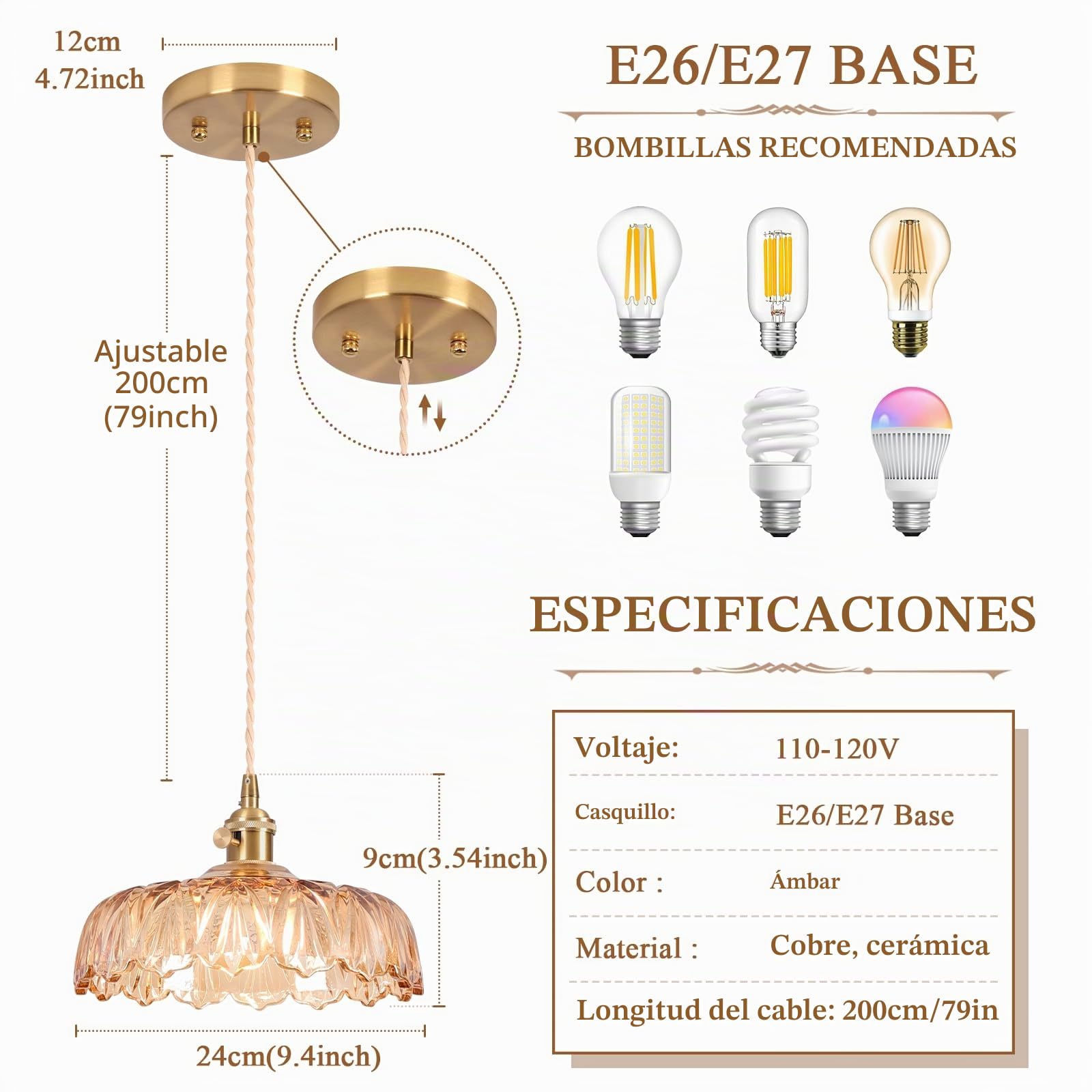 Lámpara colgante de cristal, lámpara de techo ámbar, E27 25 cm, lámparas colgantes de techo, lámpara de techo vintage, lámpara de araña para cocina, isla, dormitorio, pasillo, estudio