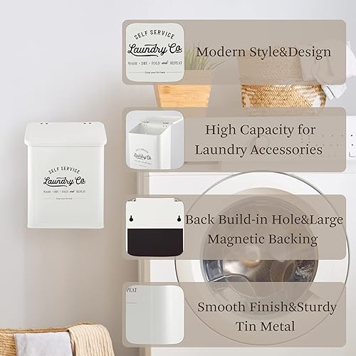 Vista 4 de Magnetic Lint Bin for Laundry Room, Metal Trash Can with Lid for Dryer, Farmhouse Lint Holder, Laundry Co Sign, Laundry Room Storage Decor with
