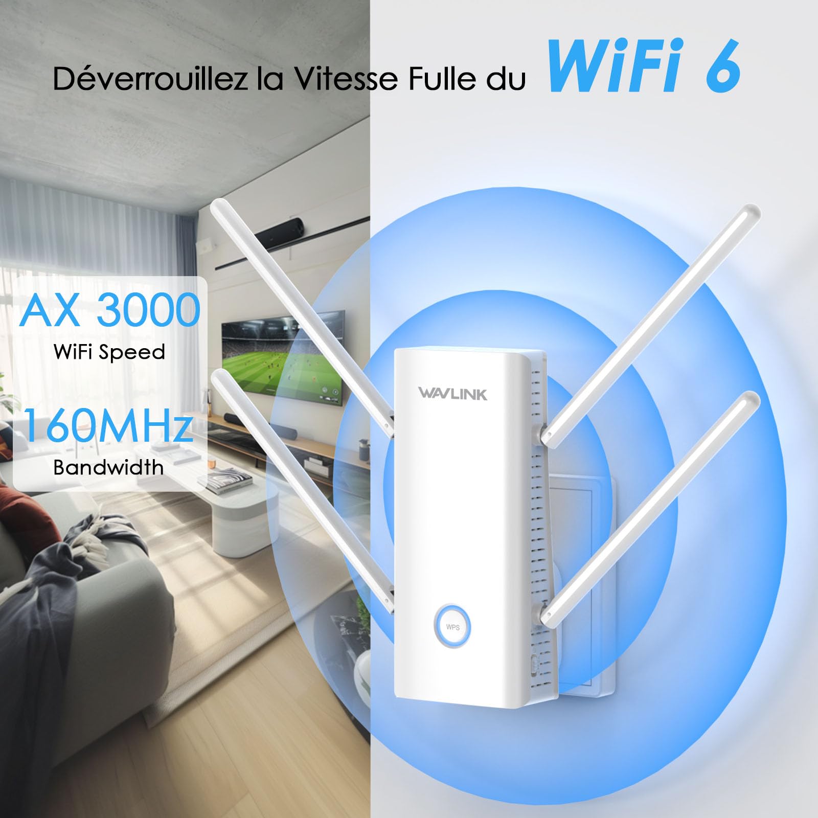 WAVLINK AX3000 Double Bande Wi-FI 6 Range Extender, amplificateur WiFi Extender, répéteur WiFi avec Port Gigabit, 4 antennes 5 dBi, Prend en Charge Le Mode répéteur/AP/routeur/Maille, Installation