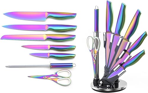 Miniatura 7 de Juego de 8 cuchillos de cocina con revestimiento de titanio arcoíris, apto para lavavajillas, acero inoxidable con mango ergonómico