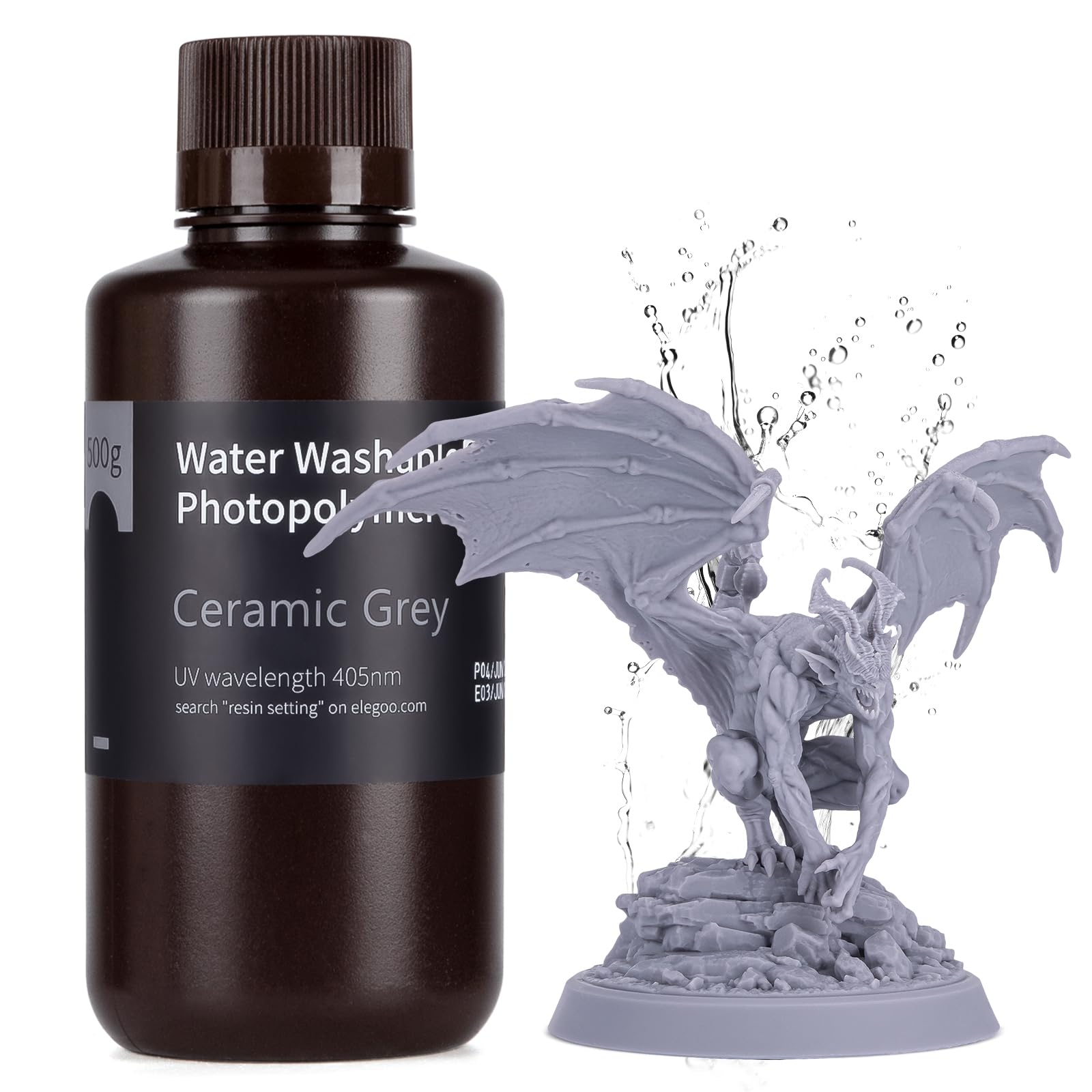 ELEGOO Resina Lavabile in acqua Potenziata 2.0, Resina 3D a 405 nm a Polimerizzazione UV con Basso Restringimento e Maggiore Precisione per Stampante LCD 3D, Grigio Argilla 500G