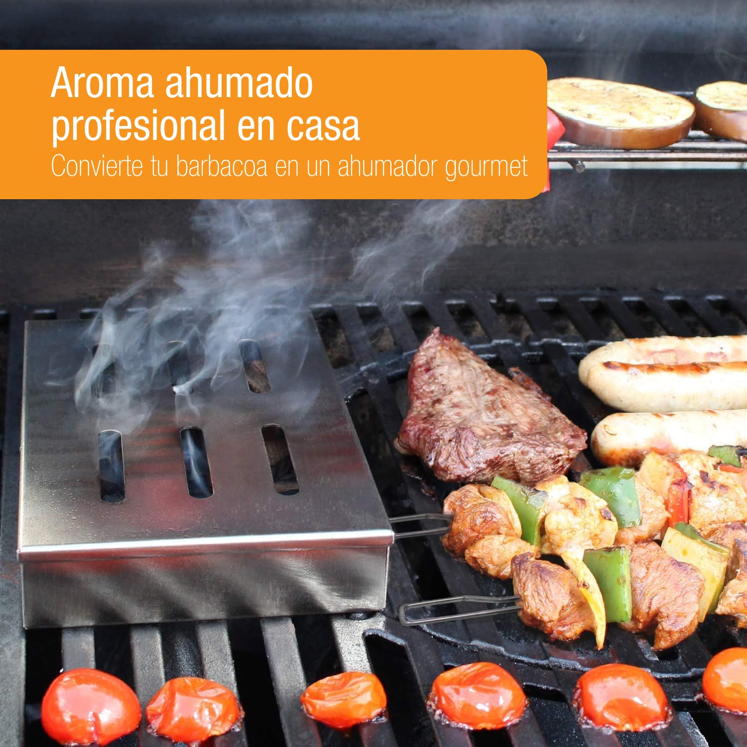 Amazy Caja ahumadora + 2 brochetas + 2 Tipos de virutas de Madera (Haya y Roble) – Caja de Ahumado para Carne o Pescado Apta para lavavajillas