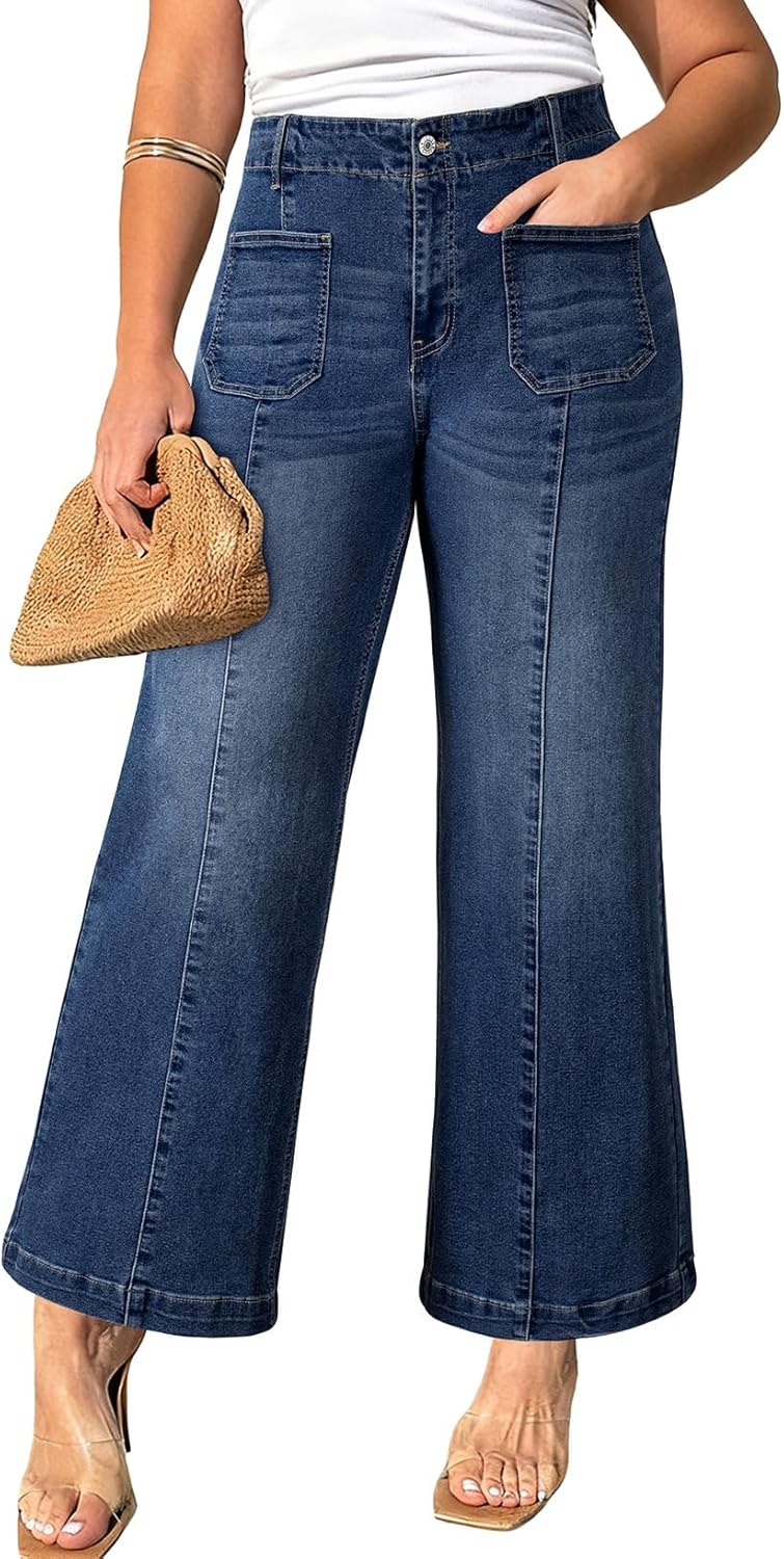 Eytino Women's Plus Size Wide Leg Jeans Elastic Waist Front Seam Stretchy Denim Pants with Pockets(1X-5X)