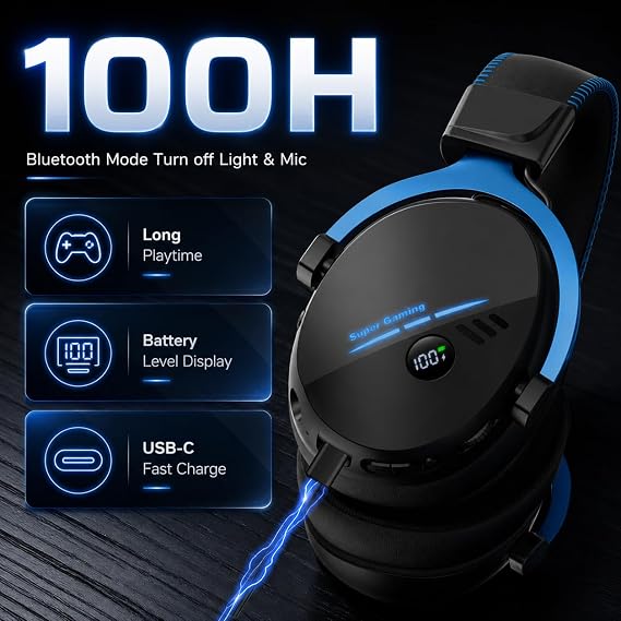 Wireless Headset for PC PS5 PS4 Switch, BT6.0 & 2.4GHz Headphone, 100H