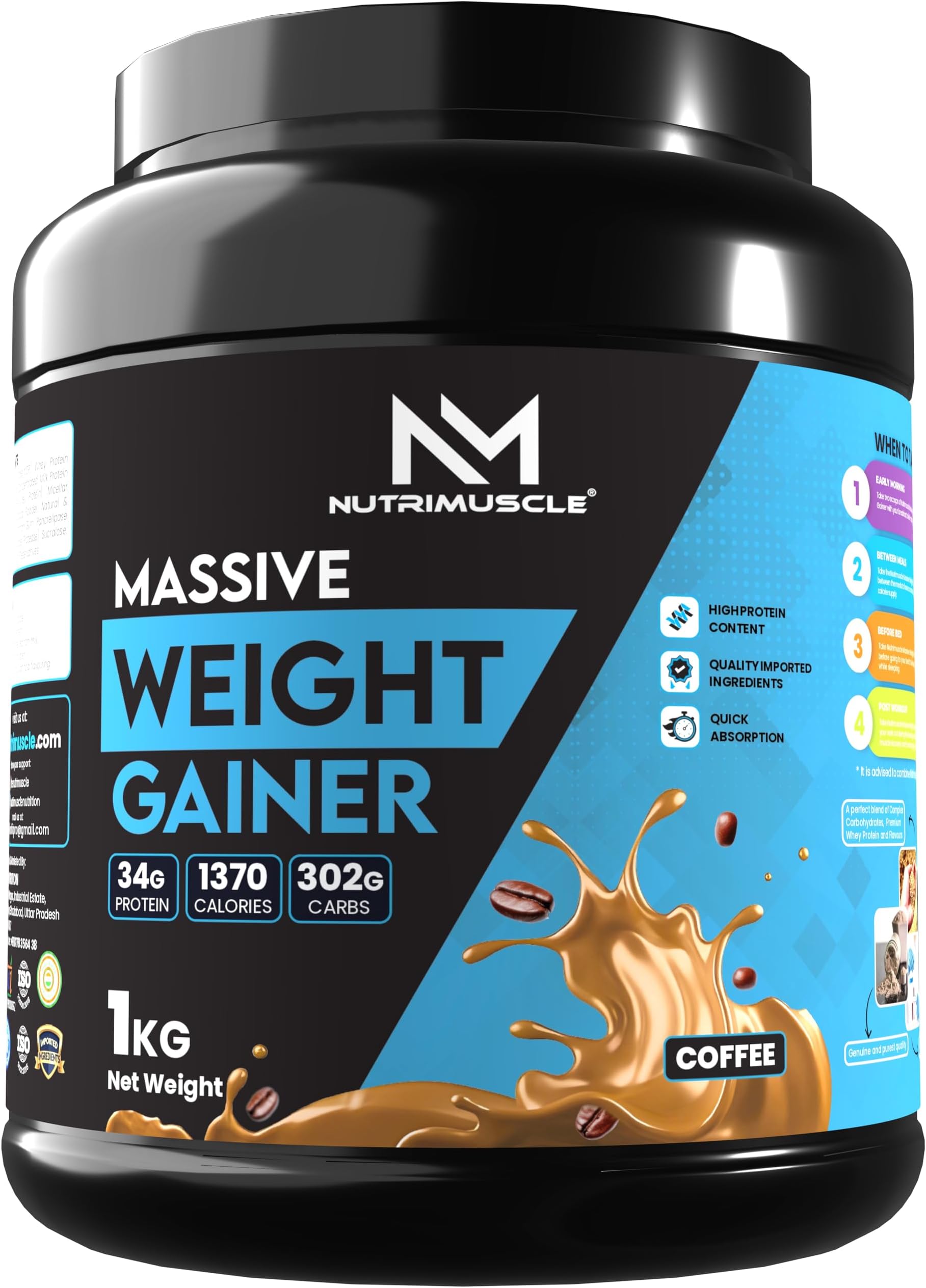 Nutrimuscle Massive Weight Gainer - 1 Kg - Coffee Flavour For Weight & Mass Gain - Contains Complex Carbohydrates