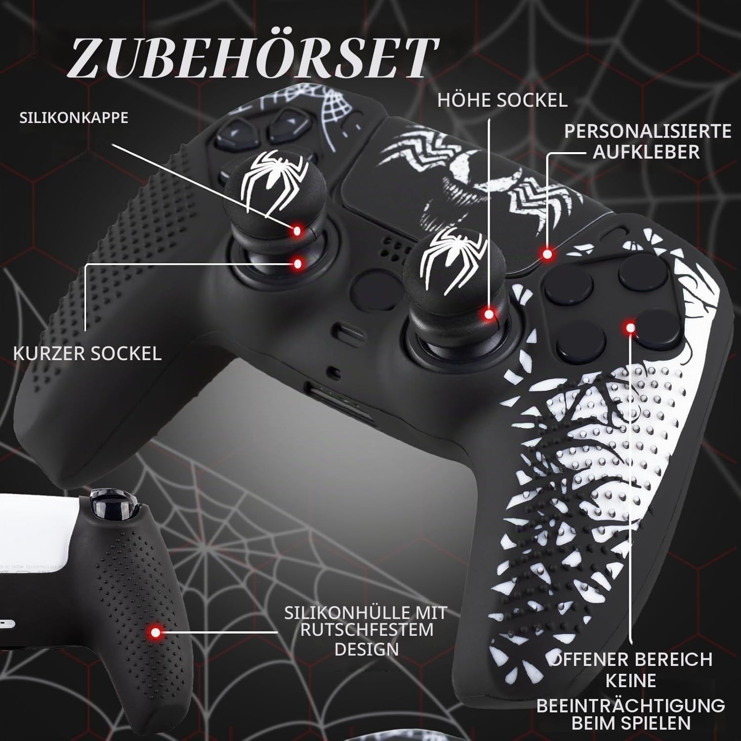 Silikon-Aufkleber für PS5-Controller, Venom, Weiß, 1 Stück & Verlängerungsgriffe