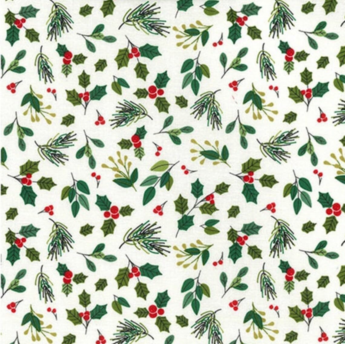 Christmas Fabric - Mistletoe Holly & Red Berries on Ivory Off White - Craft Fabric Material