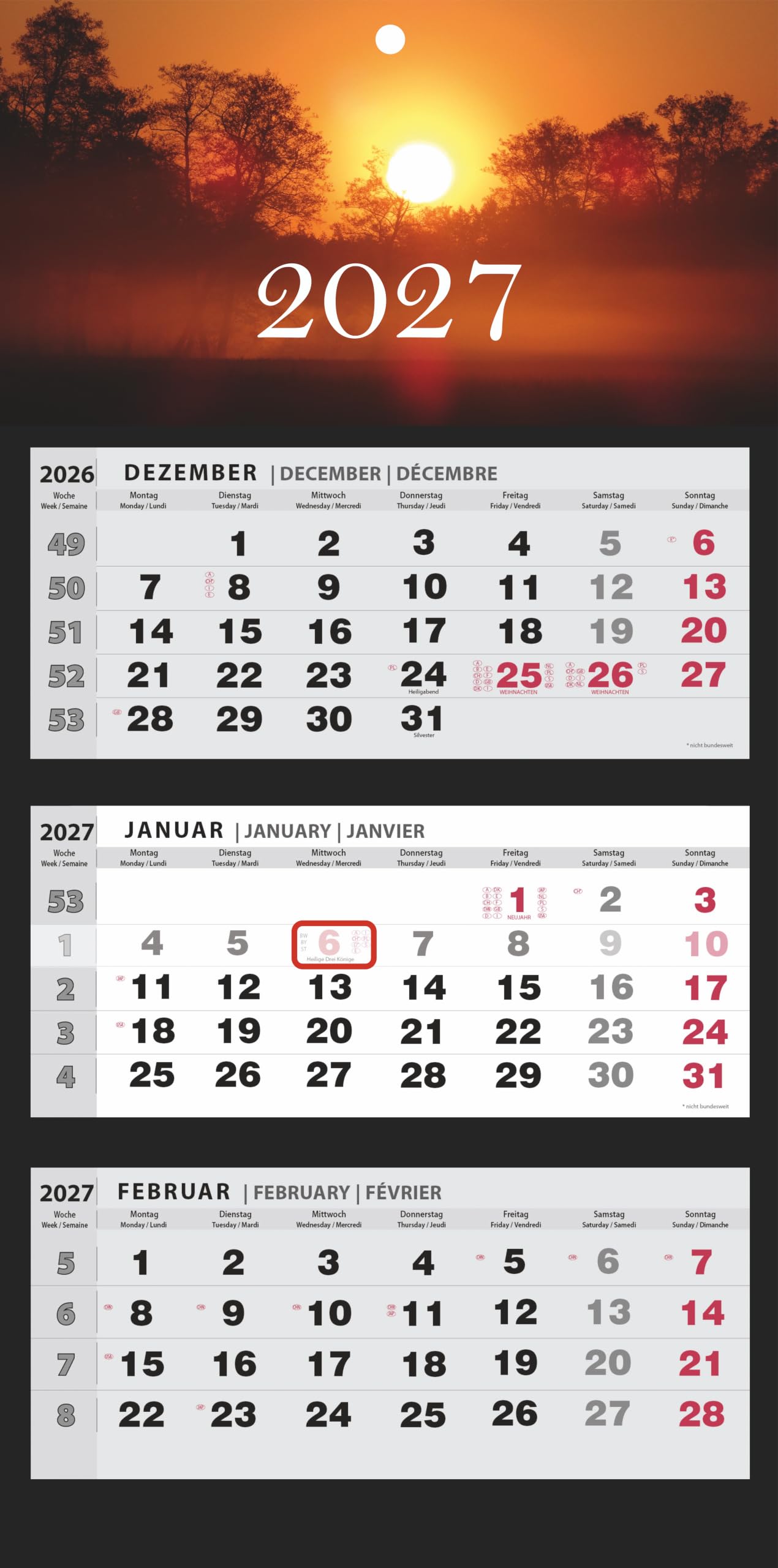 3-Month View Wall Calendar 2027, Multi-Language (English, German, French), Large Quarterly Planner for Home & Office