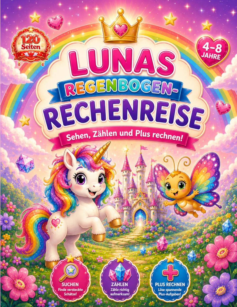 Lunas Regenbogen-Rechenreise: Ein magisches Plus-Rechenbuch zum Suchen, Zählen und Ausmalen für Kinder von 4–8 Jahren, Premium Farb-Edition