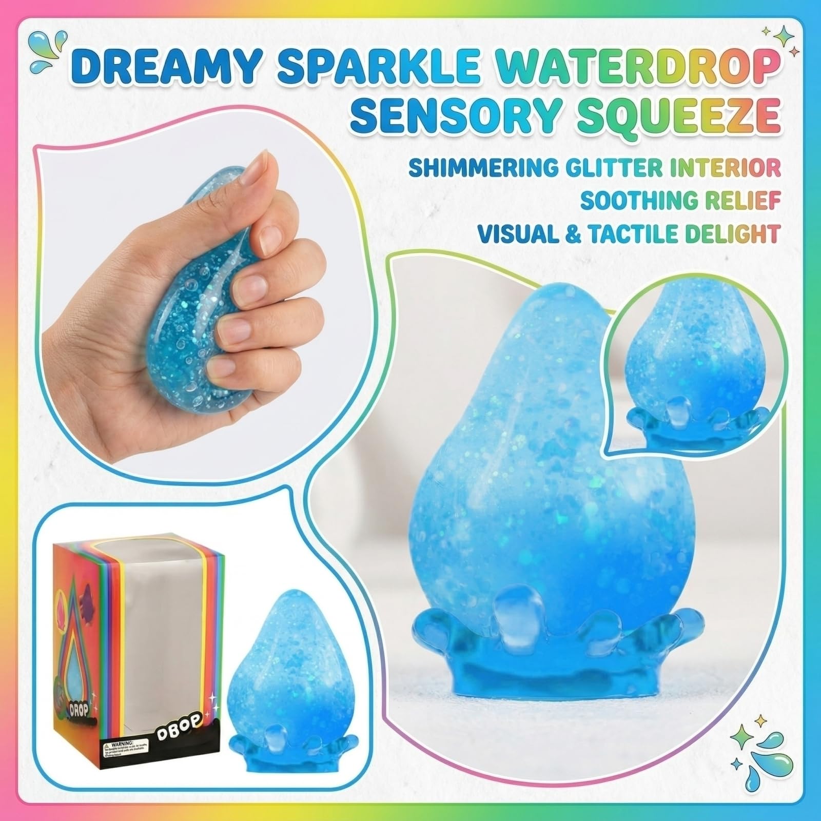 Nee Doh Dream Drop Squishy Fidget Toys Cute Raindrop Slow Rising Squeeze Toys Stress Ball Nee Doh Teardrop Squishies Sensory Anxiety Relief Toy Fidgets Party Favors Gift for Adult Kid (03-Blue) — view 3